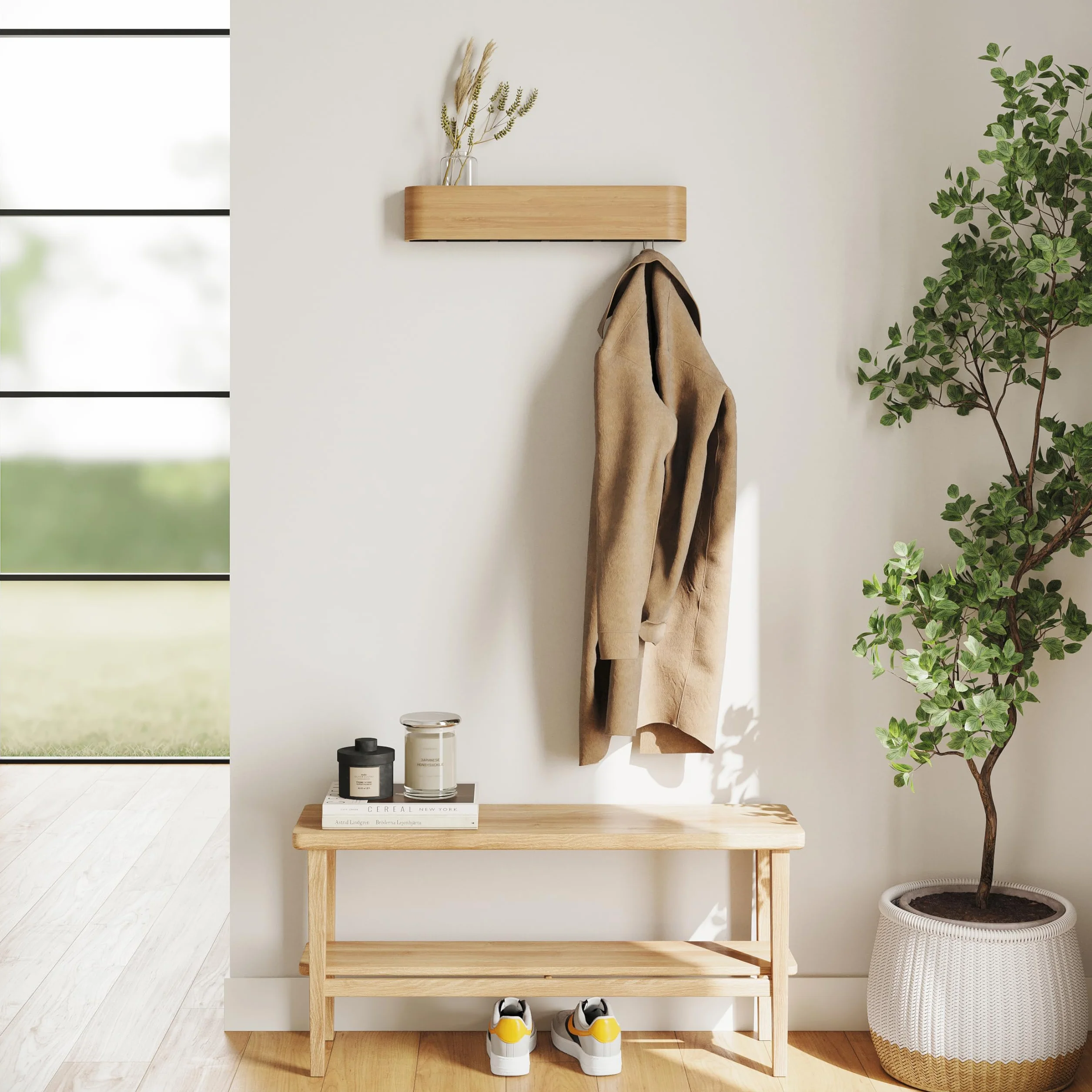 KAZAI. Wieszak na kurtki ścienny 'Toke' | Nowoczesny design z ukrytymi haczykami ściennymi | Panel z litego drewna fornirowanego | Dąb