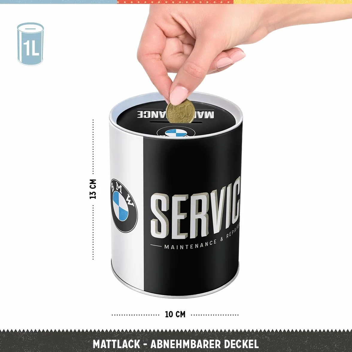 Nostalgic-Art Retro skarbonka, 1 l, BMW – Service – Pomysł na prezent dla miłośników BMW, Official License Product (OLP), metalowa skarbonka, Styl vintage
