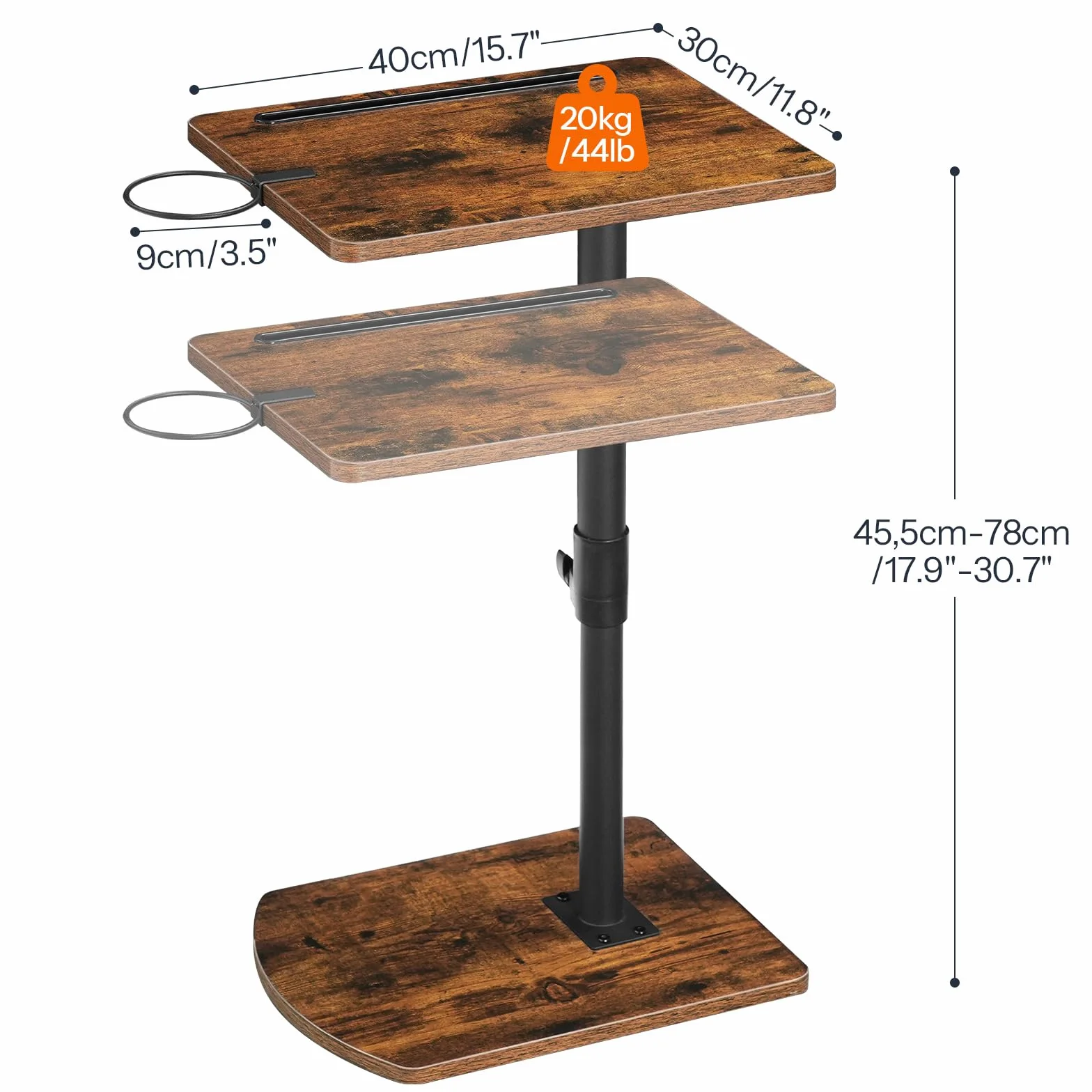 HOOBRO Stolik pomocniczy w kształcie litery C z regulacją wysokości od 45,5 do 78 cm, obrotowy o 360° stolik do sofy z uchwytem na napoje i gniazdem, przesuwany pod sofę lub łóżko, brązowy vintage i