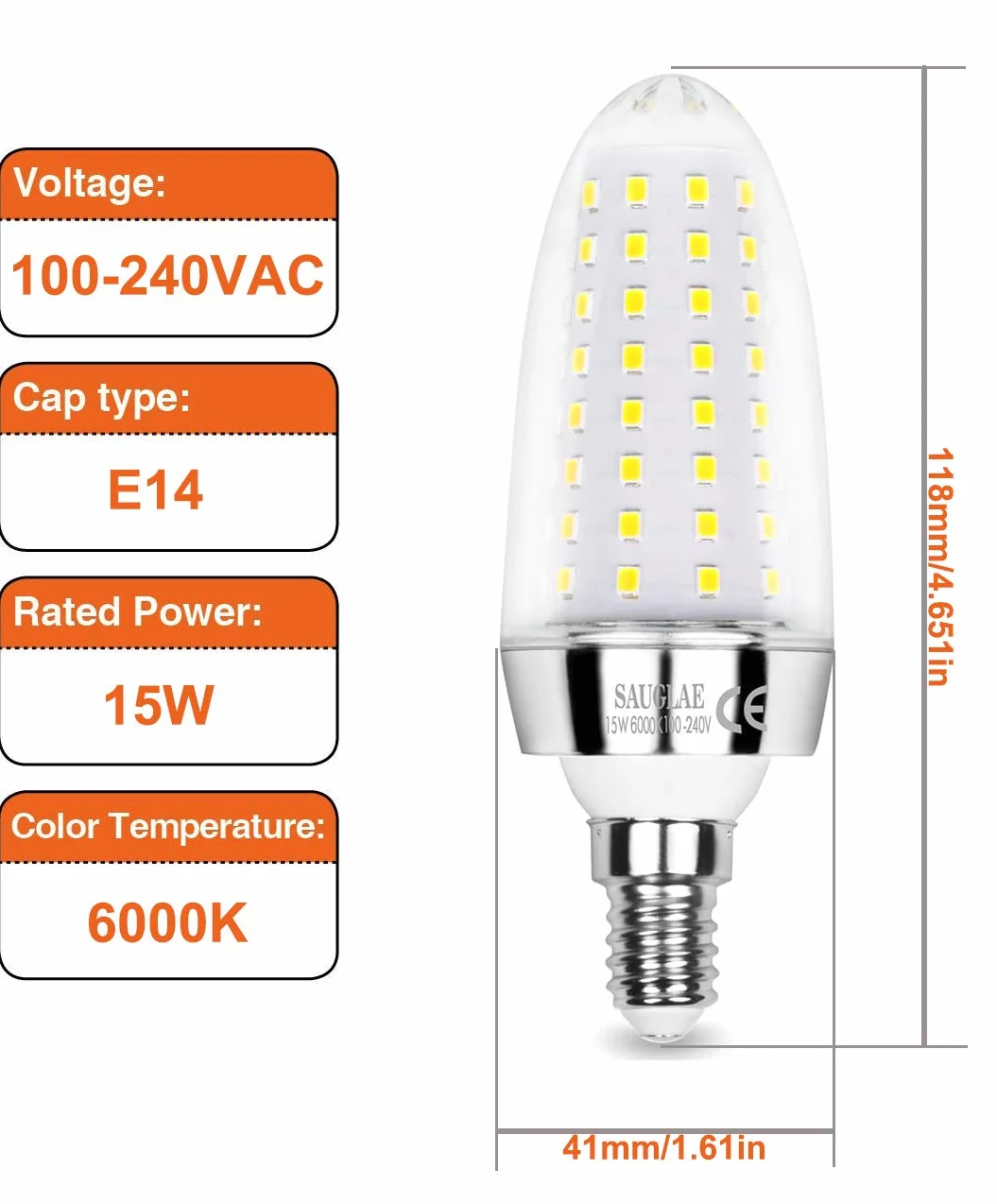 Żarówka LED, 15 W, odpowiednik żarówki 120 W, zimna biel (6000 K), 1700 lm, gwint Edisona: E14 (mały gwint), 3 sztuki