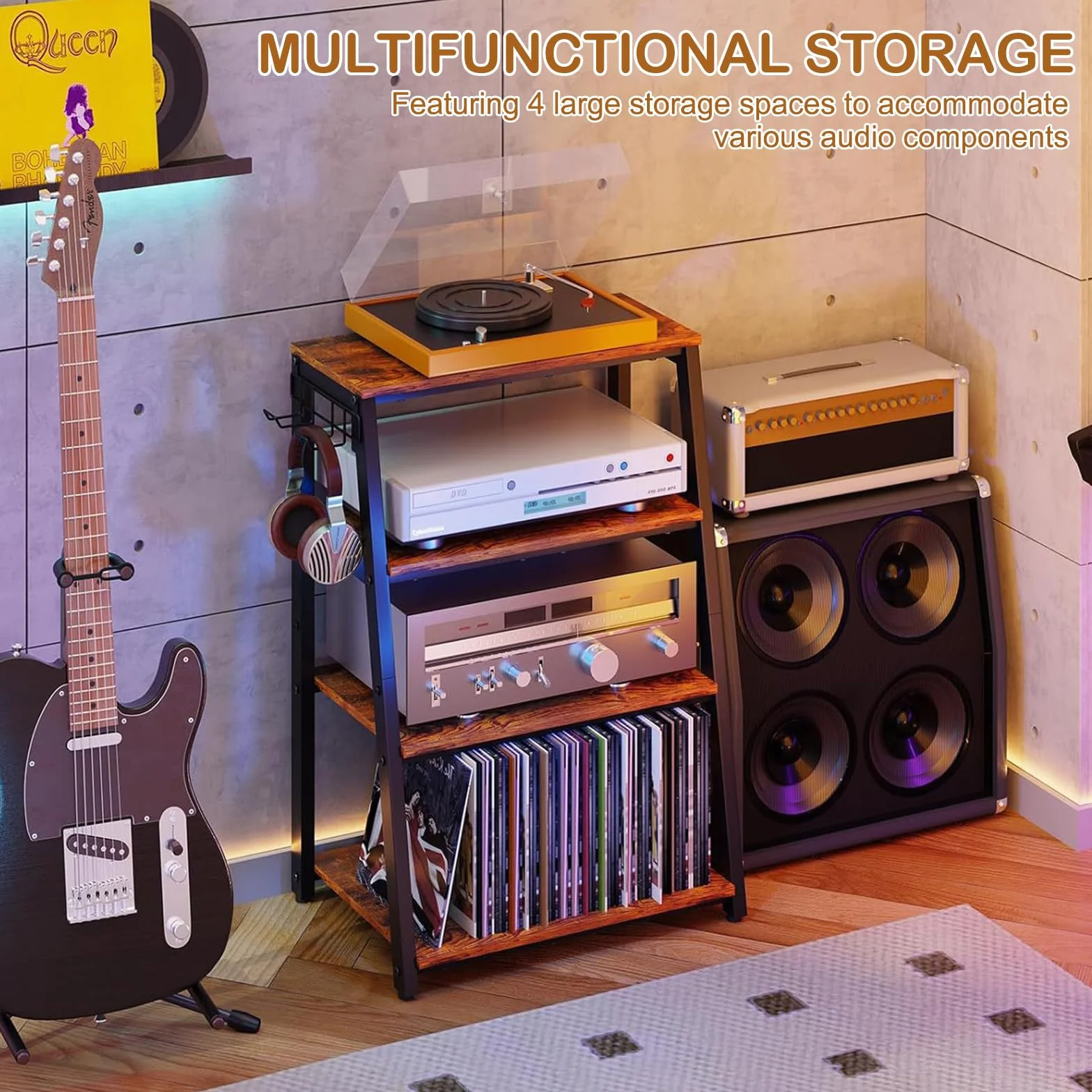 TWSOUL 4-stopniowy regał HiFi, szafka na gramofon, drewniana i stalowa wieża audio, regał do gier z otwartymi półkami, do gramofonów i systemów stereo oraz instalacji kompaktowych, 48 x 36 x 80 cm