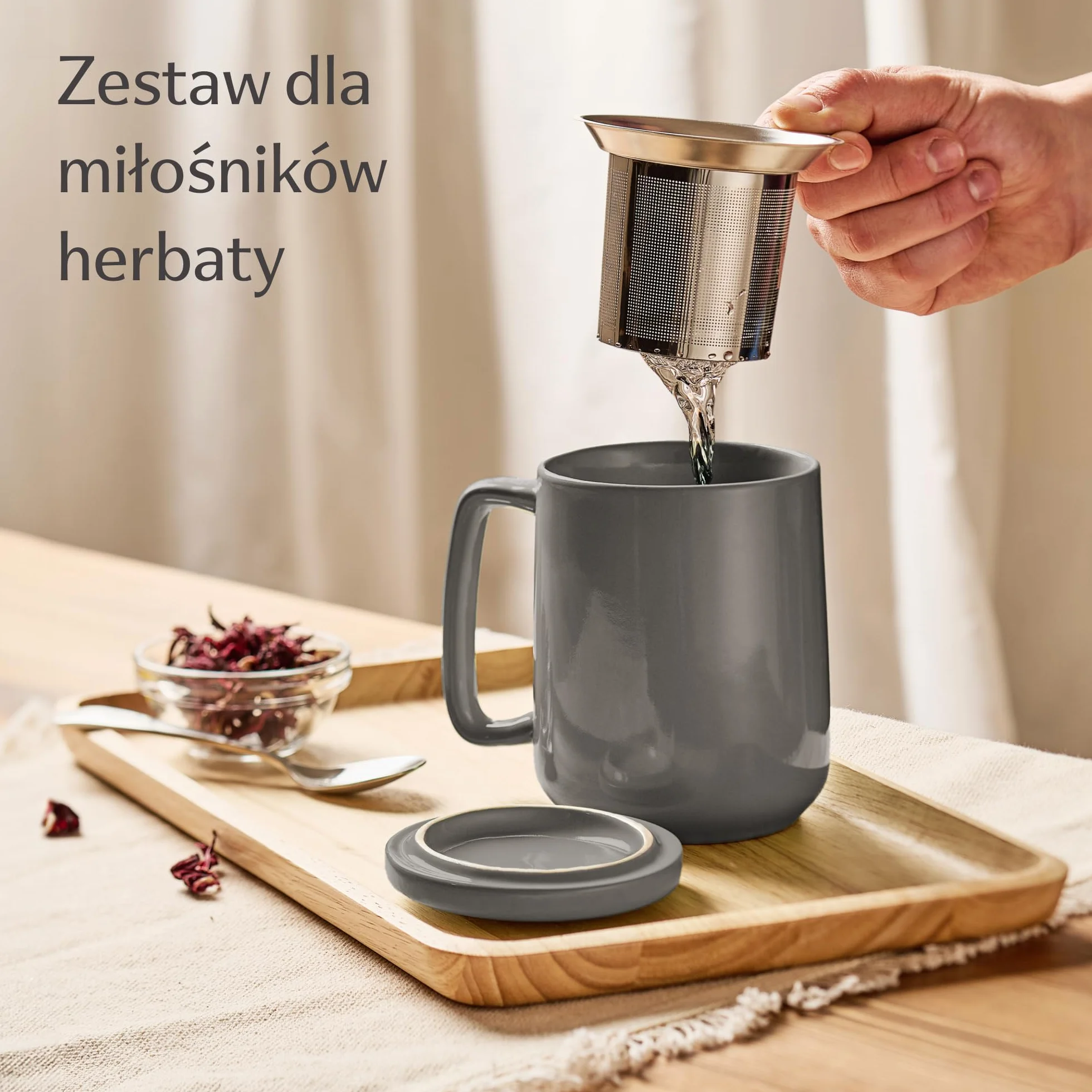 Cosumy Filiżanka z sitkiem i pokrywką - Ceramiczna - Długo utrzymuje ciepło - Duża 500 ml XXL - Można myć w zmywarce (Antracytowa)