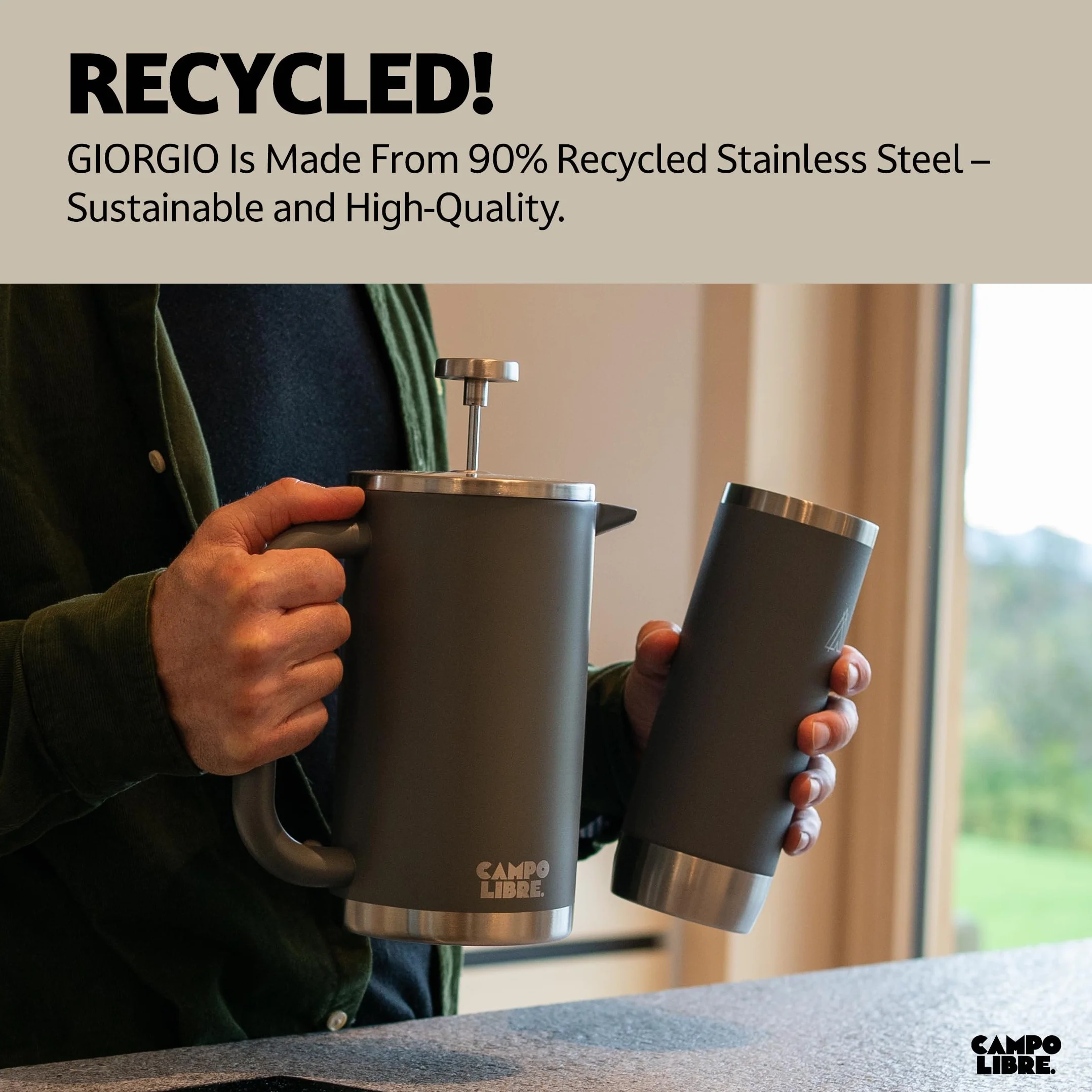 Campo Libre.® Giorgio. French Press I zaparzacz do kawy z dwuściennej stali nierdzewnej 0,6 l I bezplastikowy ekspres do kawy z funkcją termiczną z filtrem zapasowym I zaparzacz do kawy I 100% stal