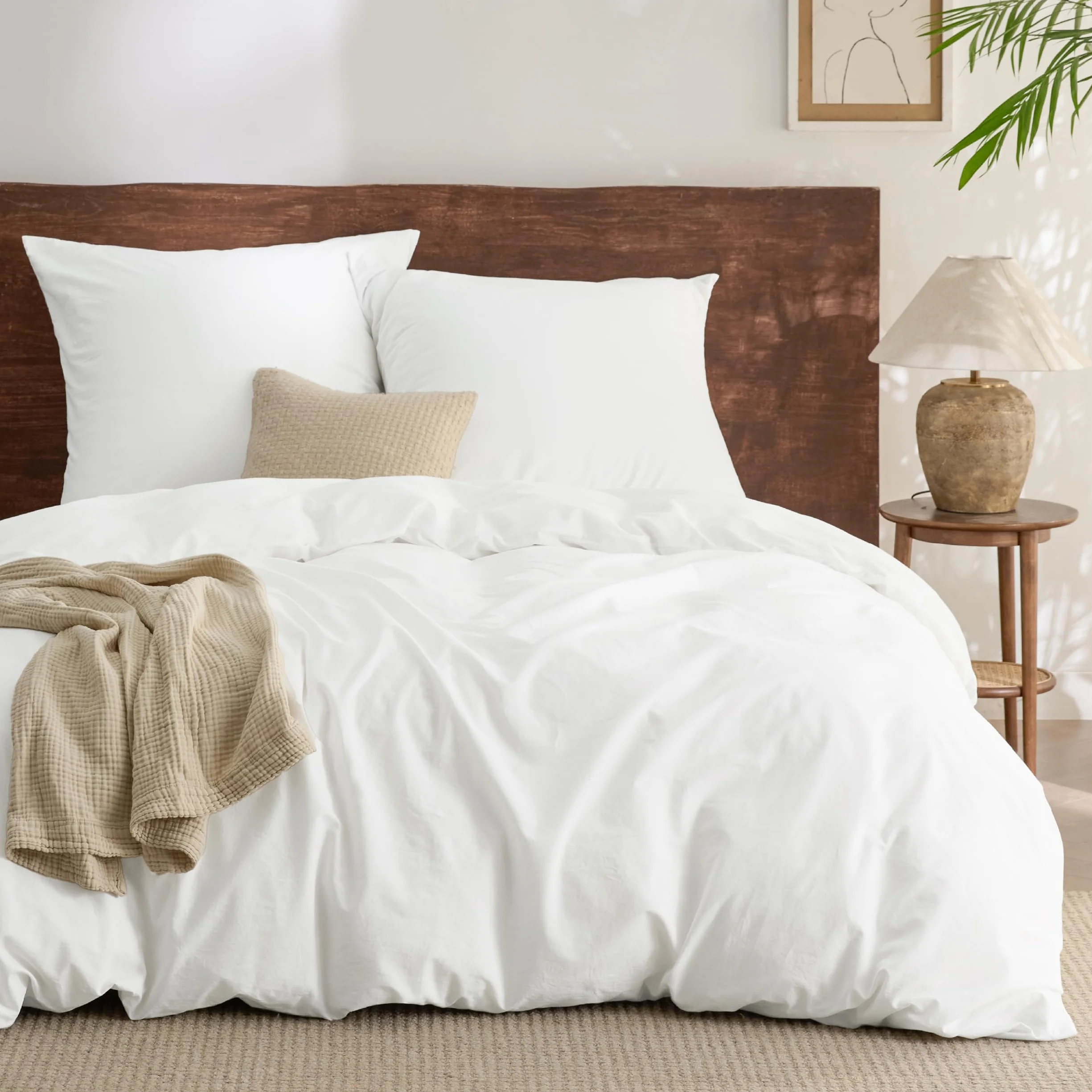 BEDSURE 3-częściowy komplet pościeli 200 x 200 cm, bawełna na lato, biała poszwa na kołdrę z 2 poszewkami na poduszkę 80 x 80 cm, podobna tekstura do pranego lnu, Öko-TEX zestaw pościeli z zamkiem