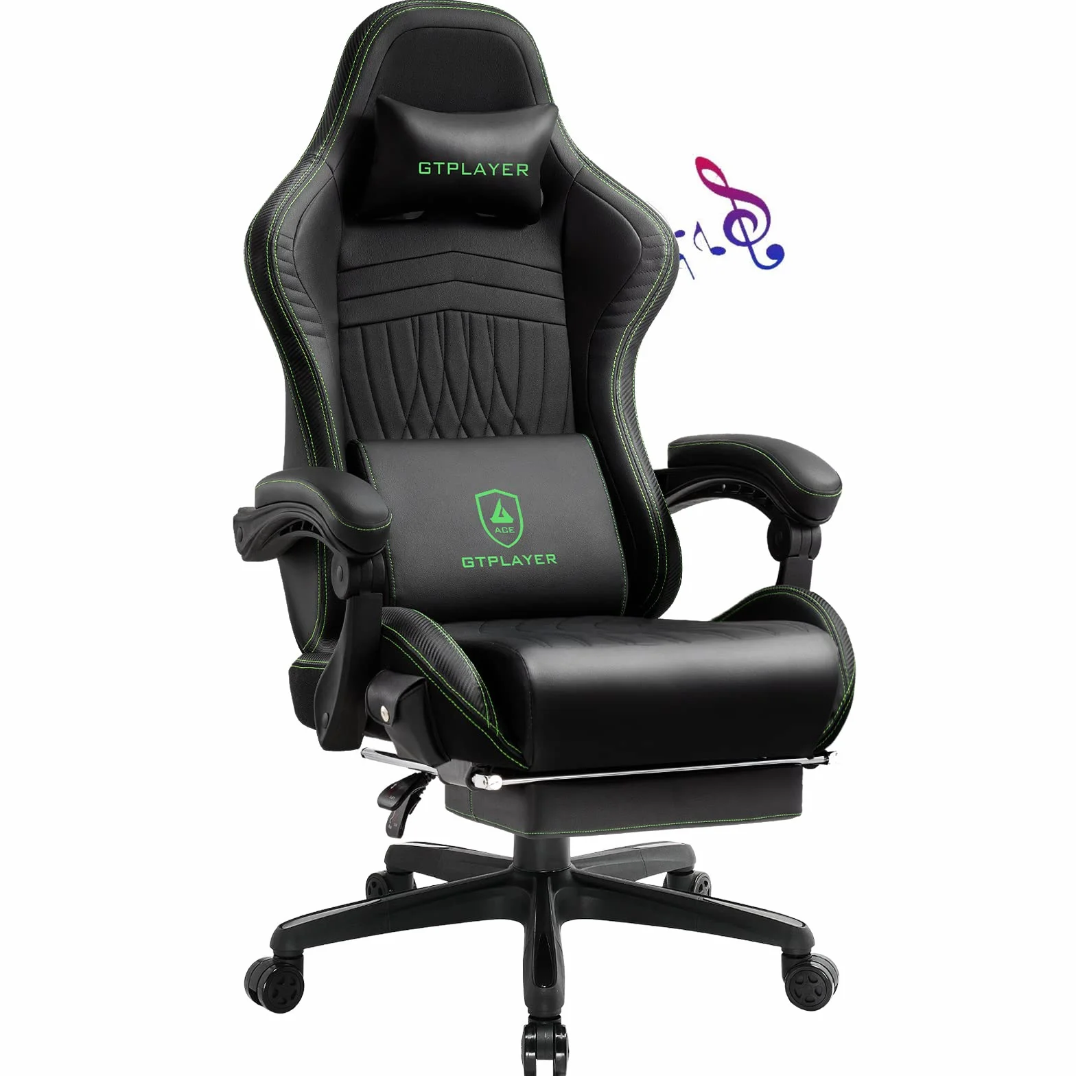 GTPLAYER Ergonomiczne krzesło do gier z podnóżkiem, głośnik, muzyka, maksymalne obciążenie: 150 kg, czarny/zielony