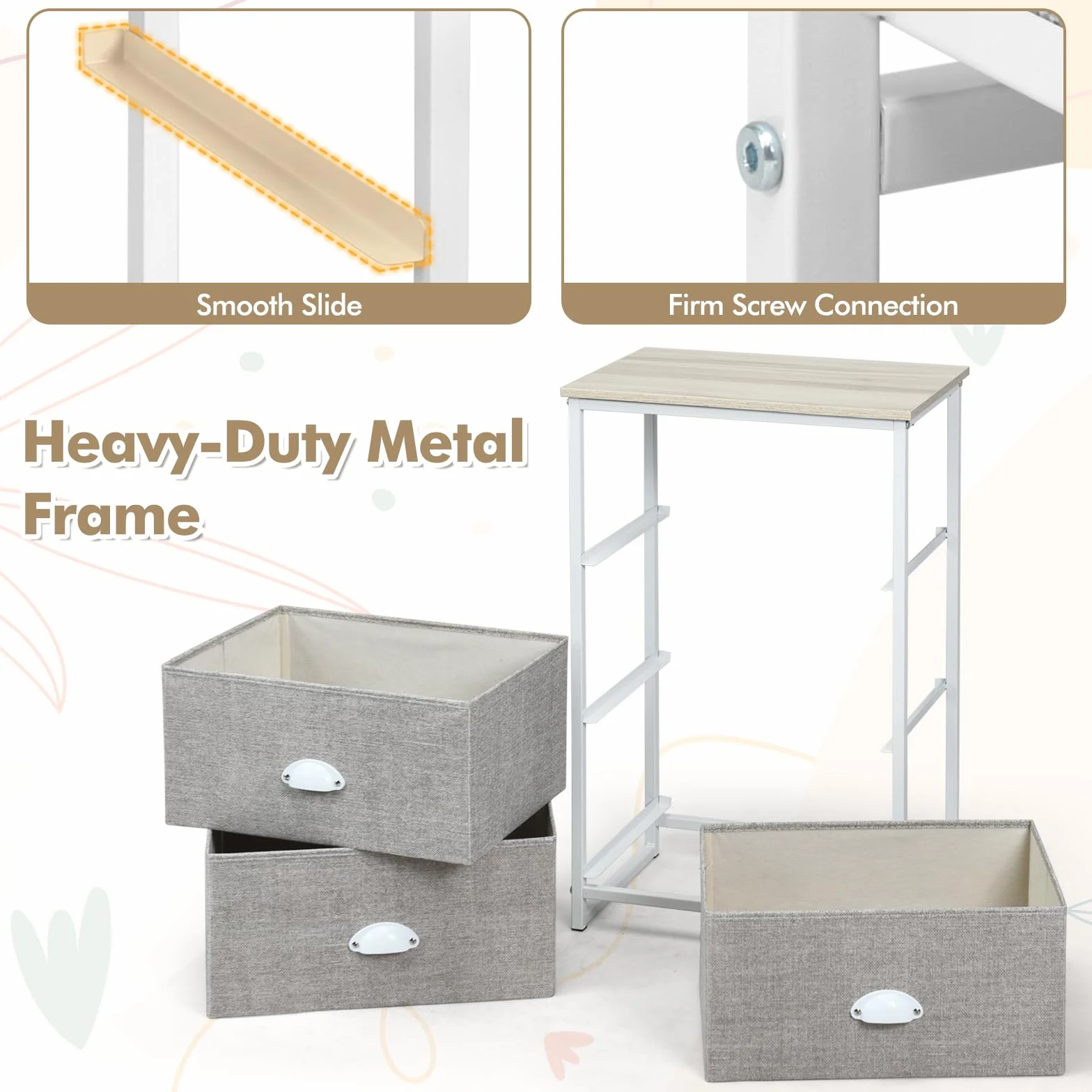 GIANTEX Komoda z 3 składanymi szufladami z materiału, szafka z szufladami, szafka komodowa z drewnianym blatem i metalową ramą, szafka do przechowywania, nowoczesna komoda do przechowywania, organizer