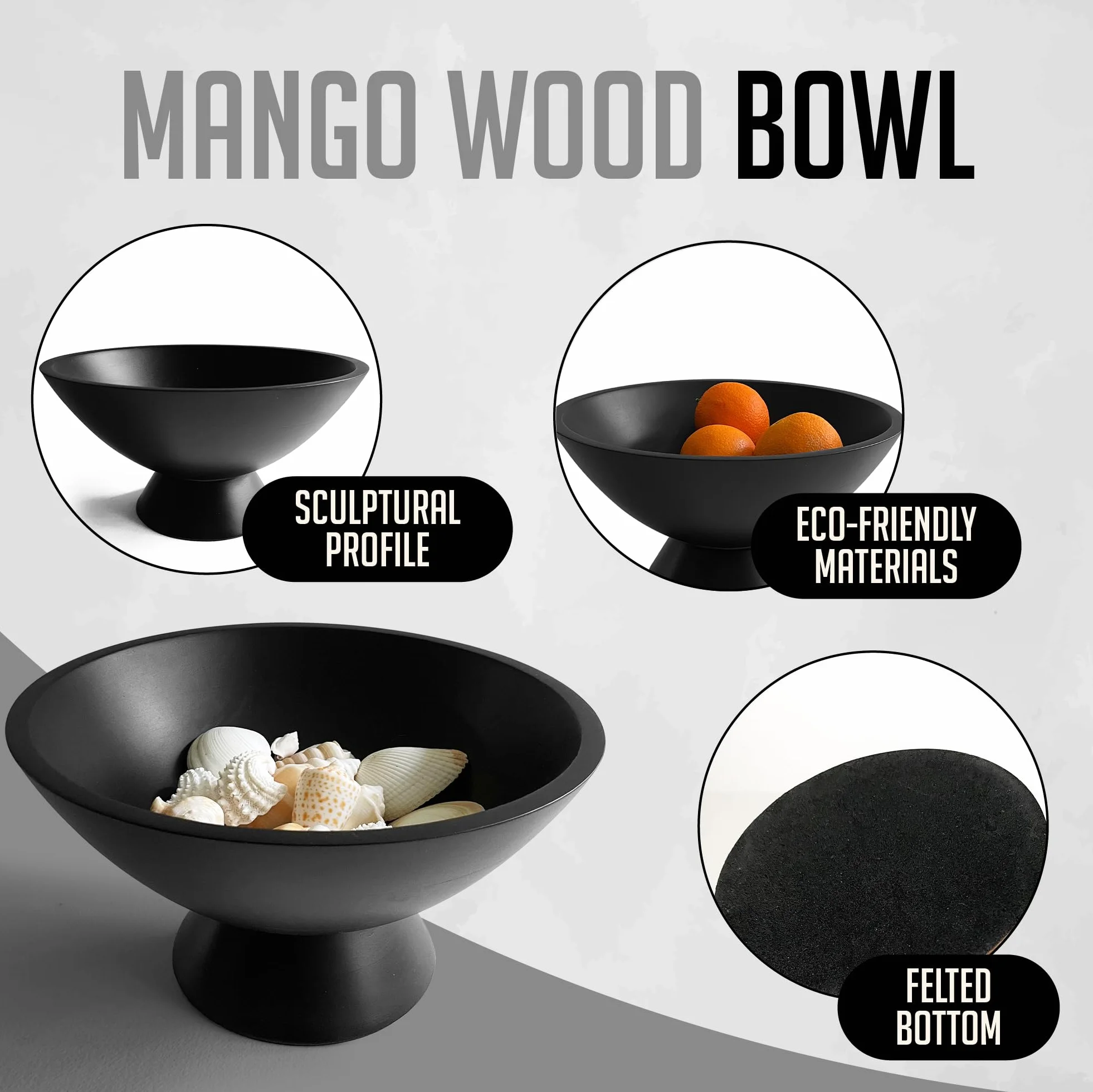 Fairwood Way Ręcznie obracana miska na cokół rzemieślniczy - 25 cm czarne drewno mango od indyjskich rzemieślników, miska na owoce premium, dekoracyjny element centralny, nowoczesna dekoracja domu