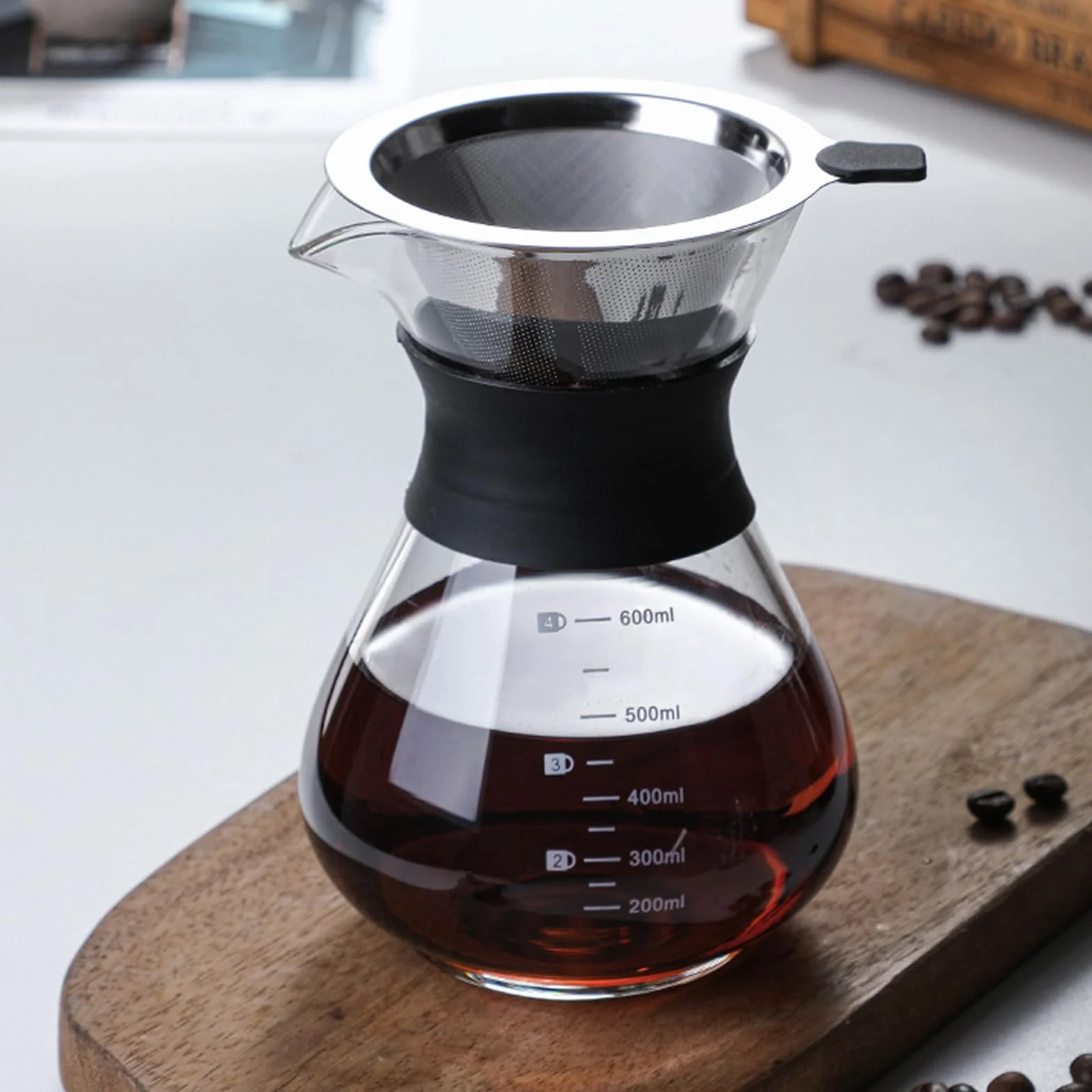 GOMETY Pour Over zaparzacz do kawy, 600 ml, szklany dzbanek borokrzemowy z dwuwarstwowym filtrem ze stali nierdzewnej, filtr permanentny, zaparzacz do kawy