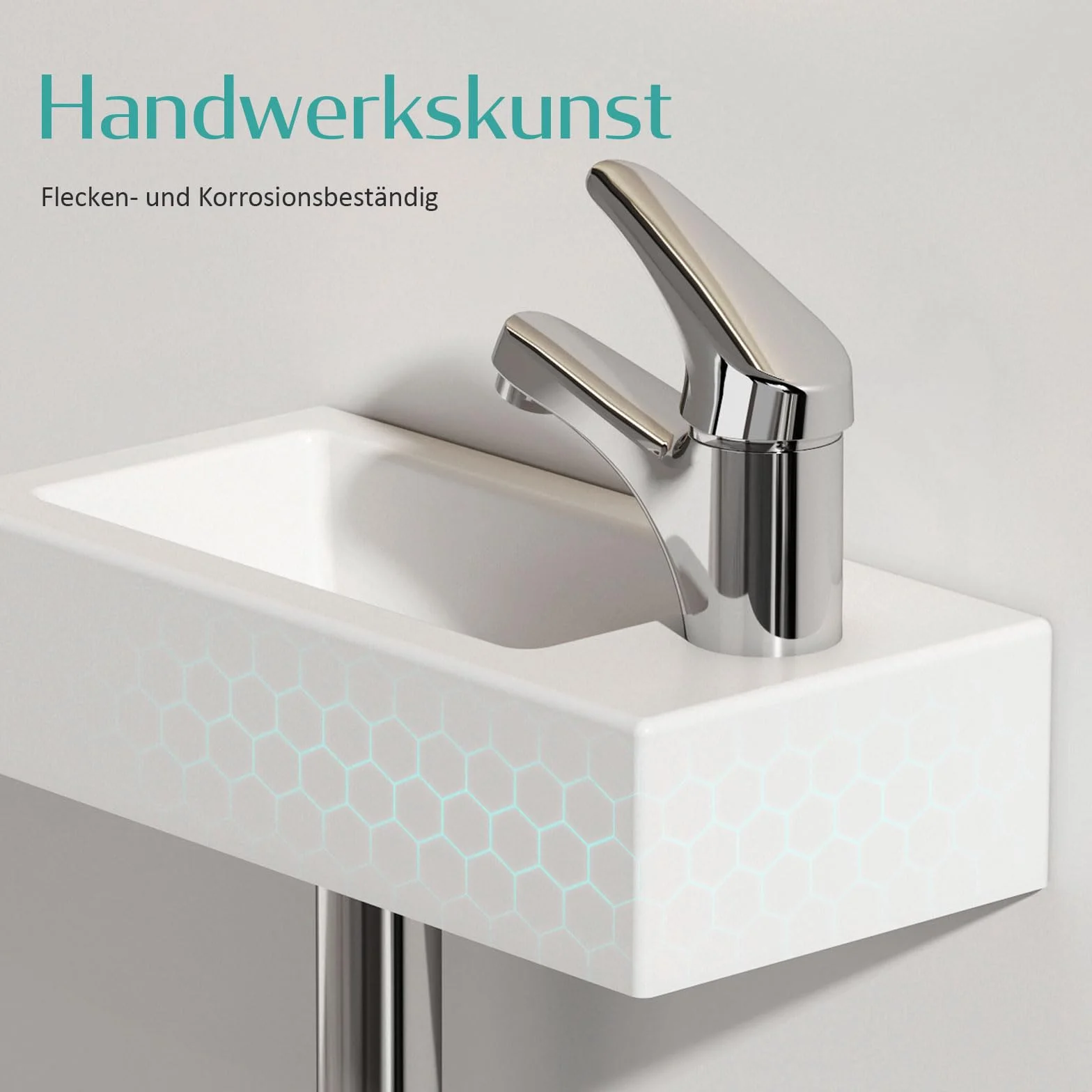 EMKE Umywalka – mini umywalka wisząca do łazienki i WC dla gości – 36 × 18 × 9 cm – wysokiej jakości ceramiczna umywalka – prostokątna, z otworem na armaturę, prawa – biała