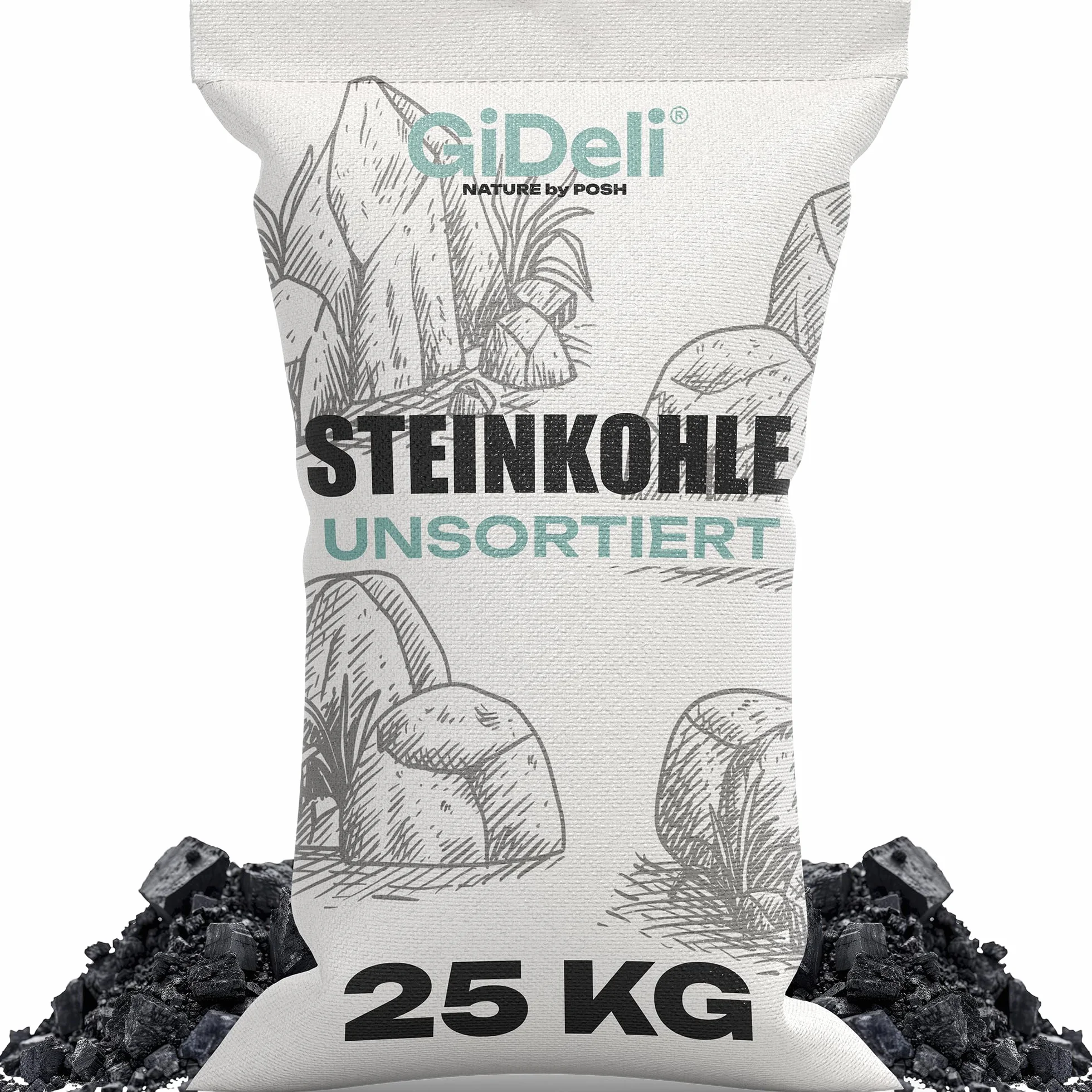 GiDeli Węgiel kamienny, 25 kg, do pieca i kominka, nieposortowany węgiel antracytowy 5-50 mm, wysoka wartość opałowa 24-26 MJ/kg, Big Bag węgiel opałowy do ogrzewania