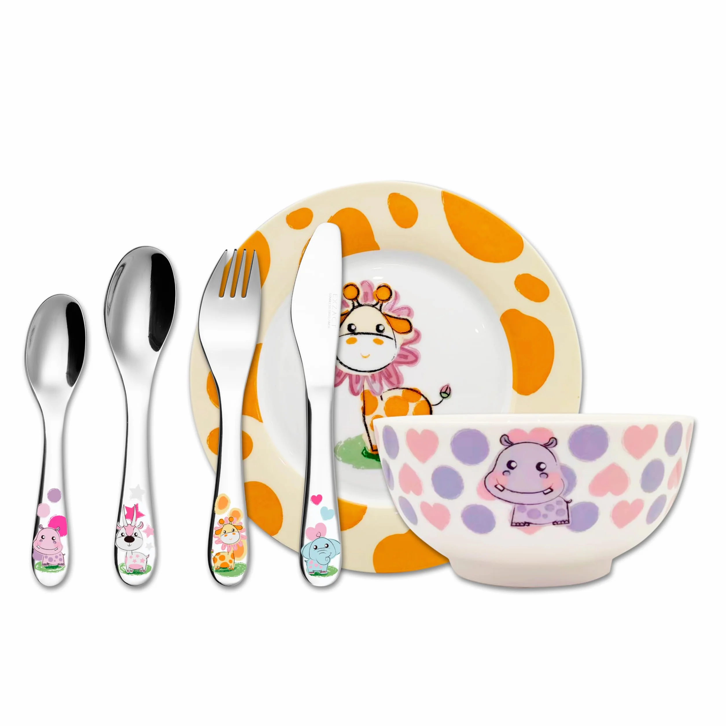 Exzact Zestaw obiadowy dla dzieci, sztućce, zestaw upominkowy, stal nierdzewna, porcelana, 1 miska, 1 x talerz, 1 x nóż obiadowy, 1 x widelec, 1 x łyżeczka, 1 x łyżka stołowa