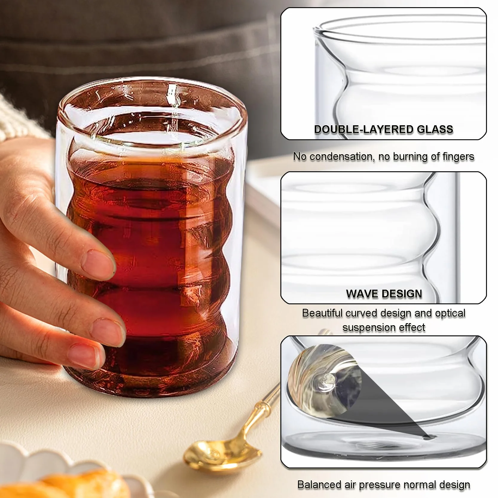Szklanki do latte macchiato z podwójnymi ściankami, 400 ml, do kawy, cappuccino, espresso i herbaty, spiralne szklanki termiczne, ze szkła borokrzemowego, 6 szklanek i 6 łyżeczek