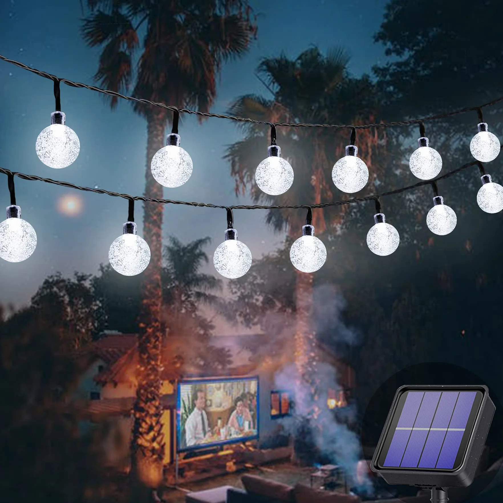 Augone Solarne lampy ogrodowe wodoodporne, 50 diod LED, 7 m/24 stóp łańcuch świetlny solarny na zewnątrz, 8 trybów, świetlne kule do użytku wewnątrz/na zewnątrz, na patio, trawnik, podwórko, na wesele