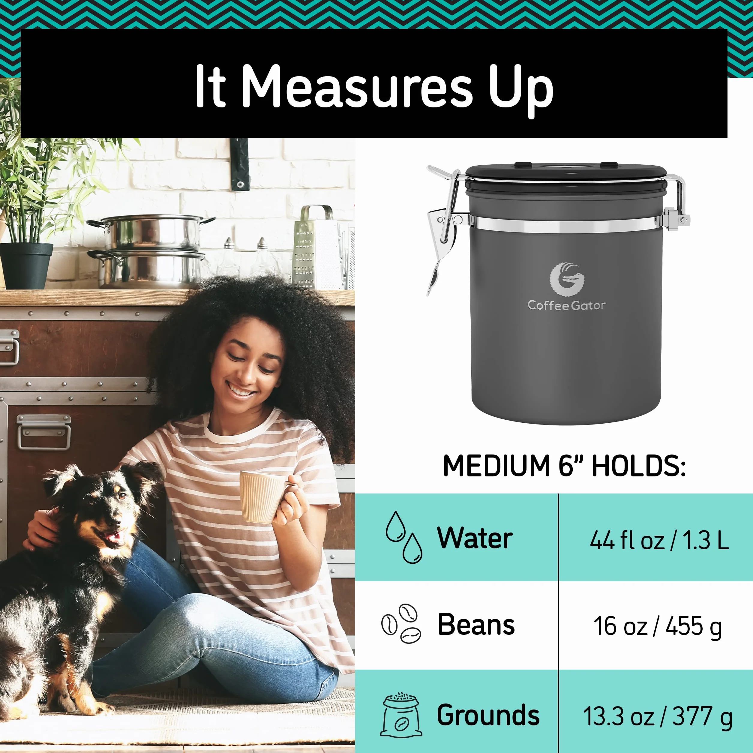 Coffee Gator Stainless Steel Coffee Grounds and Beans Container Canister with Date-Tracker, CO2-Release Valve and Measuring Scoop, Medium, Black