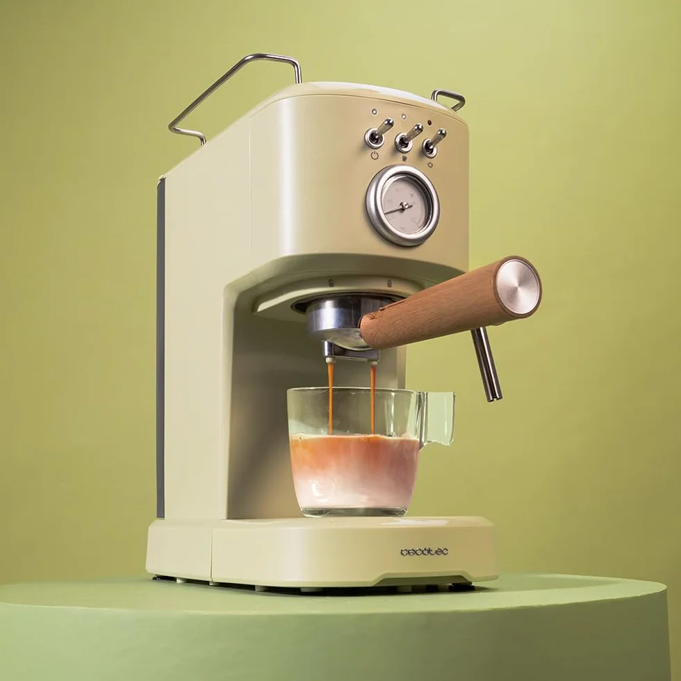 Cecotec Espresso Compact Ekspres do kawy Power Espresso 20 Retro Zielony. 1100 W, 20 barów, możliwość sterowania parą, ramię uchwytu filtra z podwójnym wyjściem i 2 filtry, 1,25 l