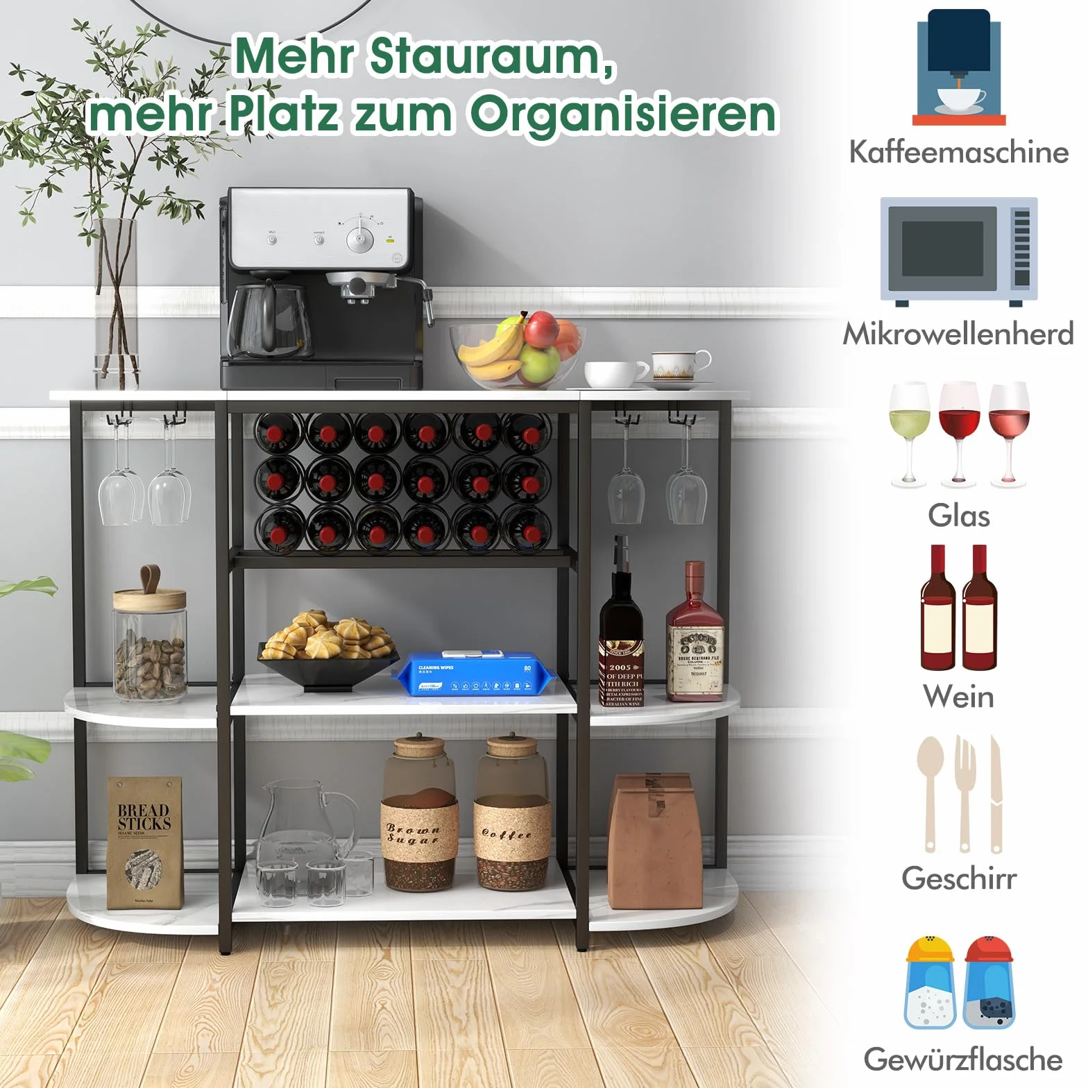 COSTWAY Stojak na wino 120 cm z uchwytem na szkło i półkami, 3-poziomowy regał na butelki na 18 butelek wina i 8 kieliszków, 120 x 40 x 91 cm (biały)