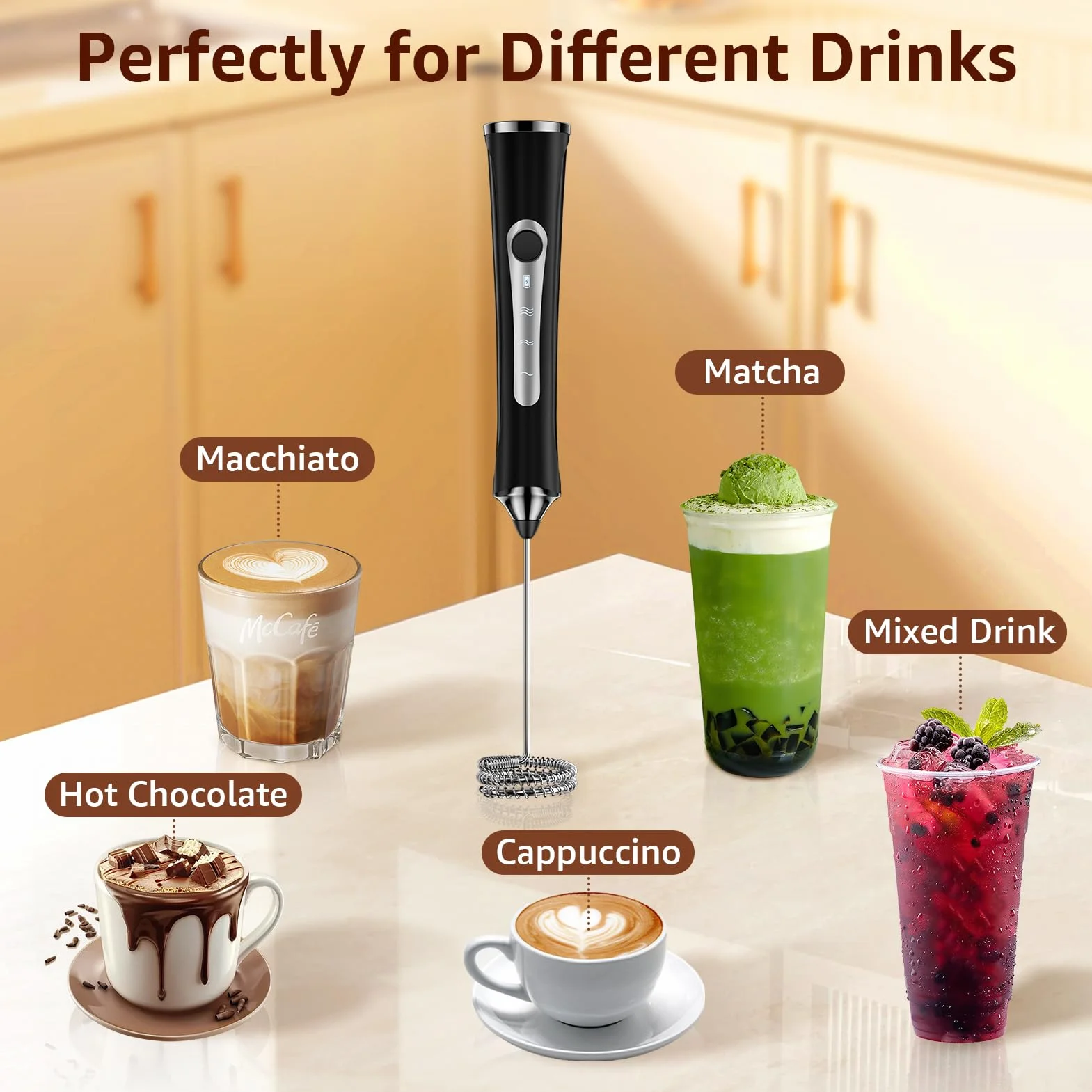NEUTYPECHIC Elektryczny spieniacz do mleka, ładowany USB-C, z 3 prędkościami, zdejmowane, 3 głowice do spieniacza do kawy/latte/cappuccino/kremu/koktajli