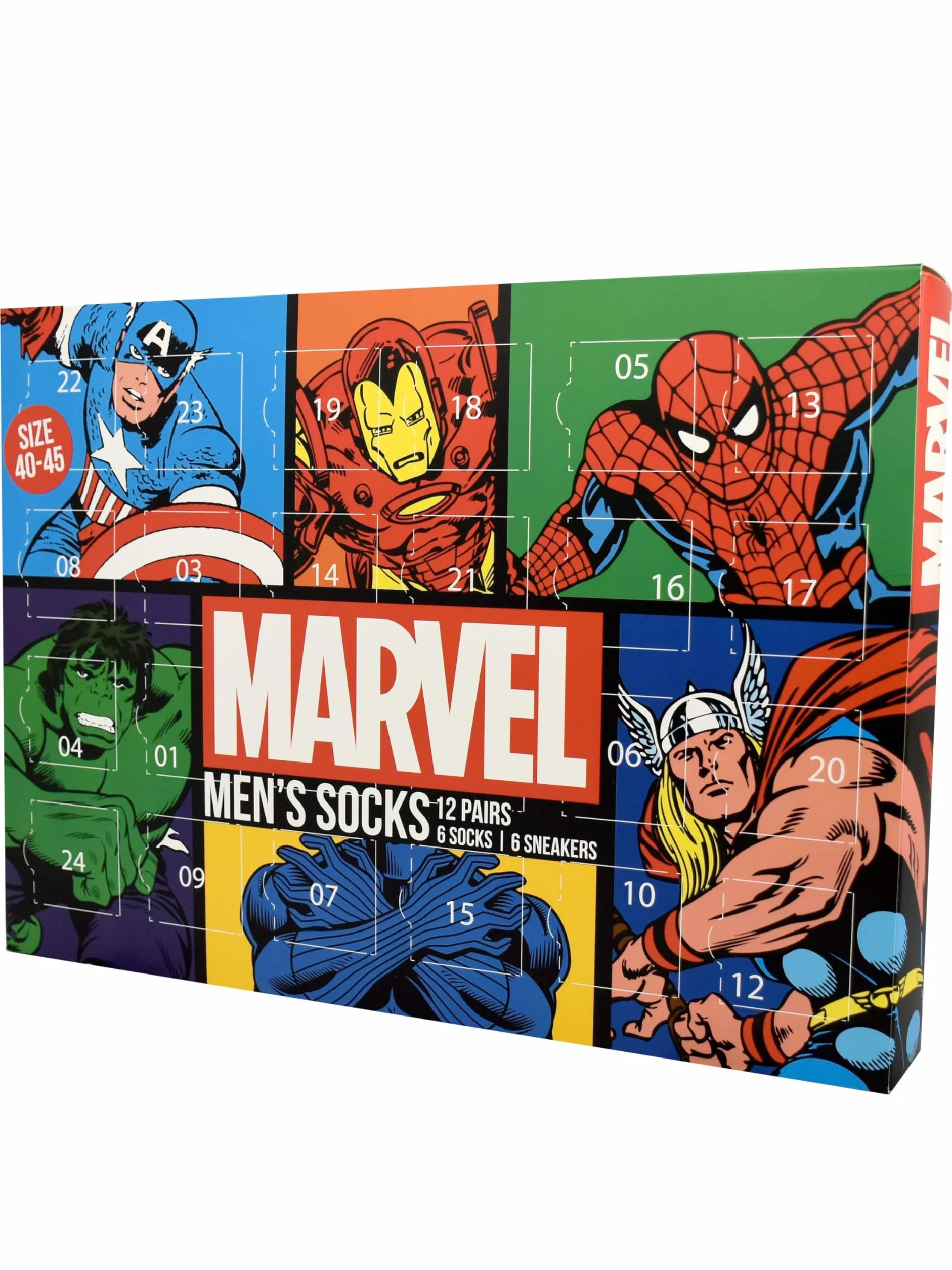 United Labels Marvel kalendarz adwentowy z 12 parami skarpet dla mężczyzn, rozmiar 40-45, kalendarz z trampkami i długimi skarpetami, kalendarz bożonarodzeniowy na prezent