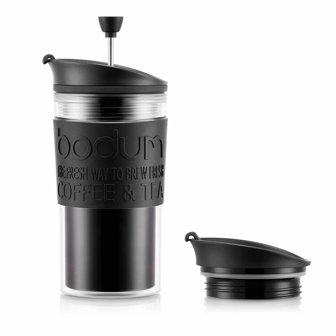 Bodum Izolowany kubek tłokowy 11102-01s z pokrywą na zawiasach, 0,35 litra, czarny, przezroczysty, plastikowy, 8,9 cm