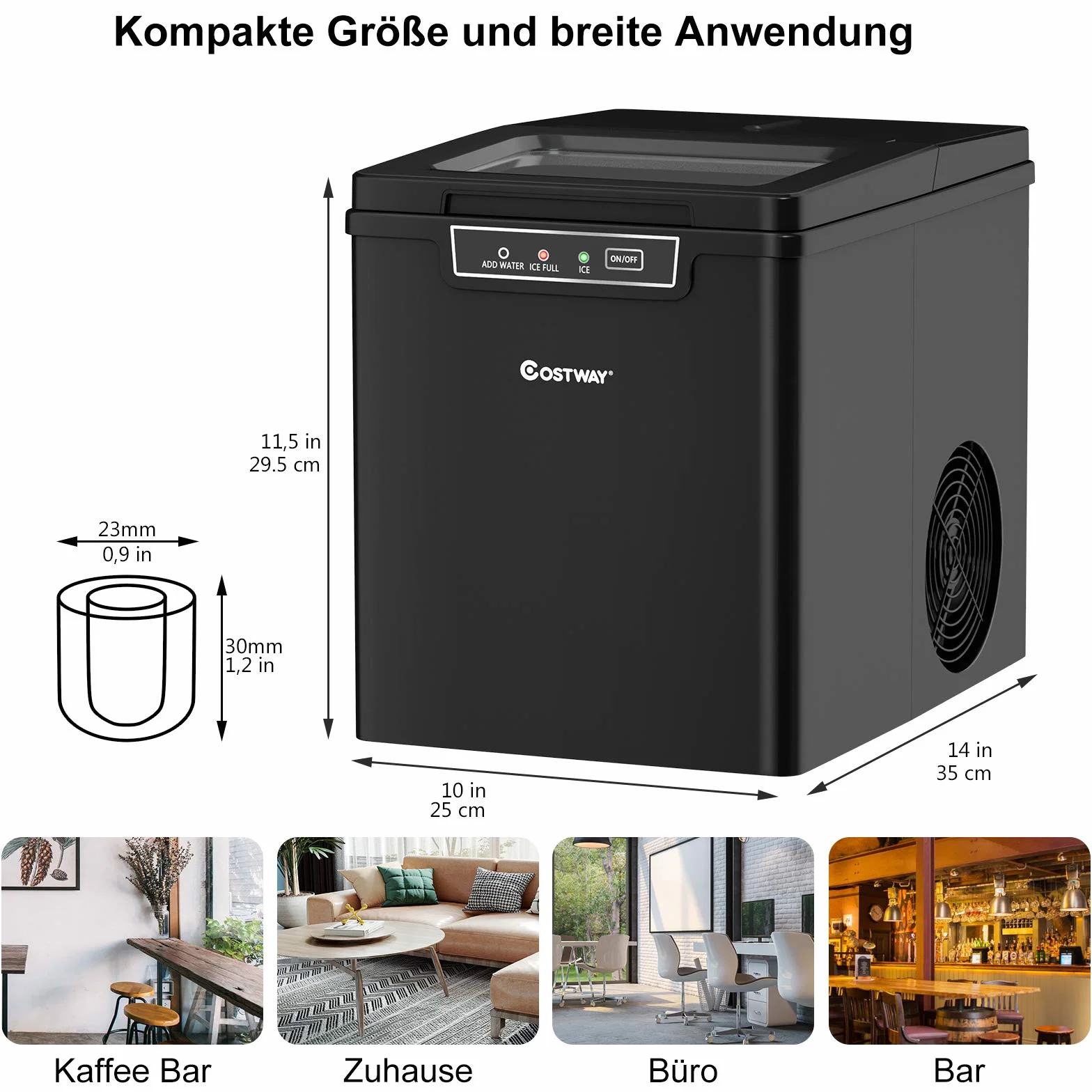 COSTWAY Kostkarka do lodu 1,85 l, 12 kg/24 h, 9 kostek lodu w ciągu 6 min, cicha, kostkarka do lodu z wyświetlaczem LED, szufelką i wyjmowanym koszem na lód 35 x 25 x 29,5 cm