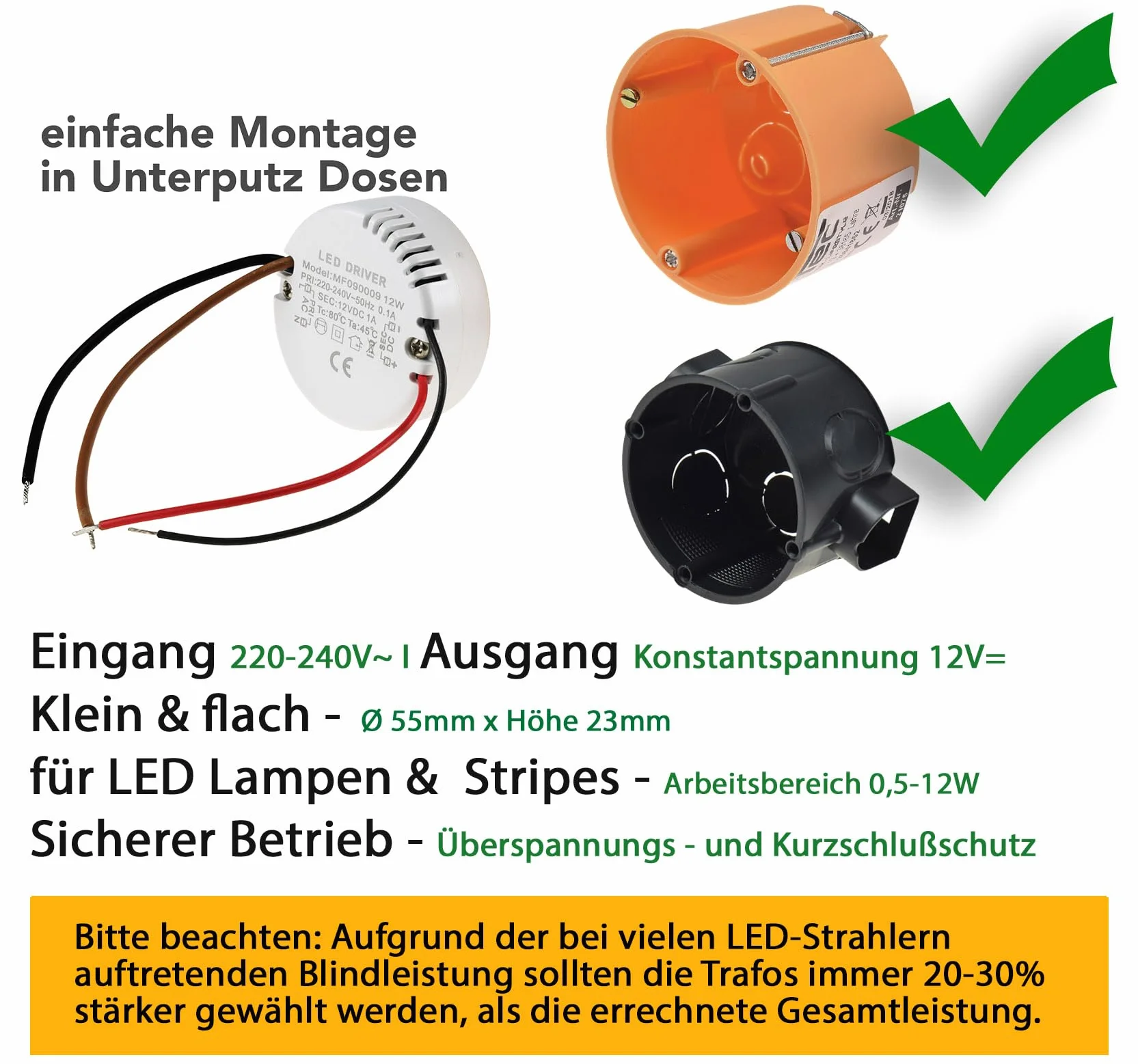 Transformator LED 230 V ~ na 12 V = 12 W okrągły transformator zasilacz do oświetlenia LED - Ø x wys. 55 x 23 mm pasuje do puszek podtynkowych