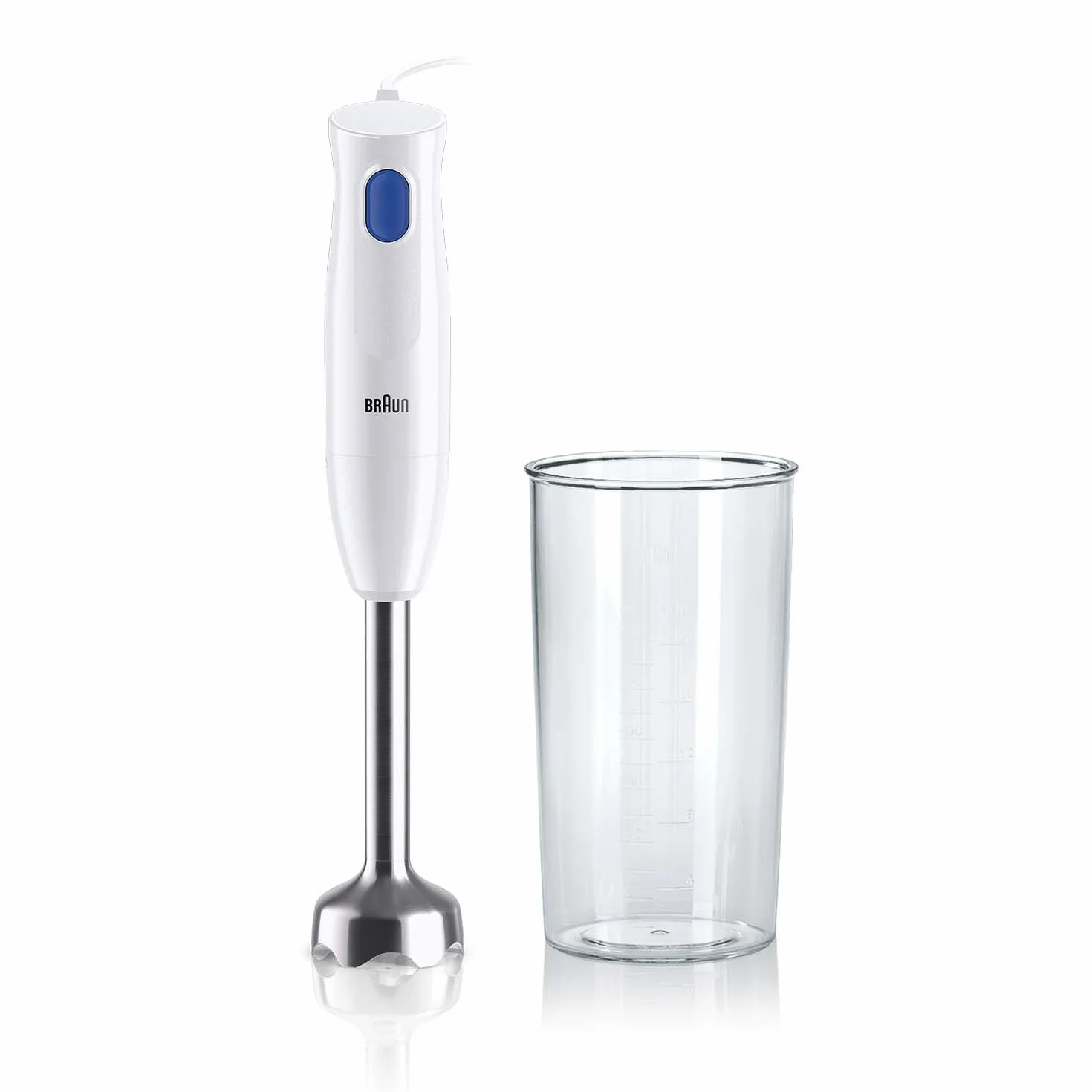 Braun MQ10.001M MultiQuick 1 blender ręczny – bardzo lekki blender z podstawą ze stali nierdzewnej i systemem EasyTwist, w zestawie kubek do miksowania i miarki 600 ml, 450 W, biały