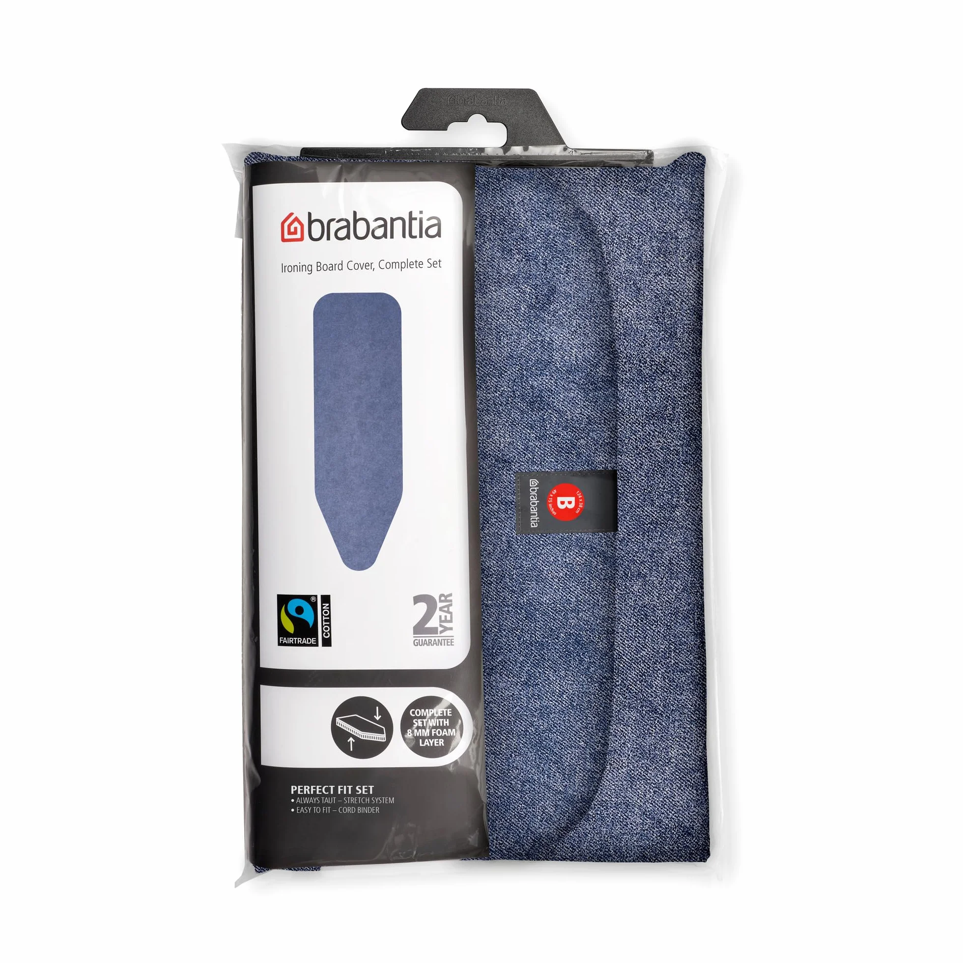Brabantia Ironing Board Cover B 124x38 cm – Denim Blue | 100% Cotton Top Layer with 8mm Foam Padding | Perfect Fit for Size B Ironing Boards | Durable, Washable, and Easy to Install