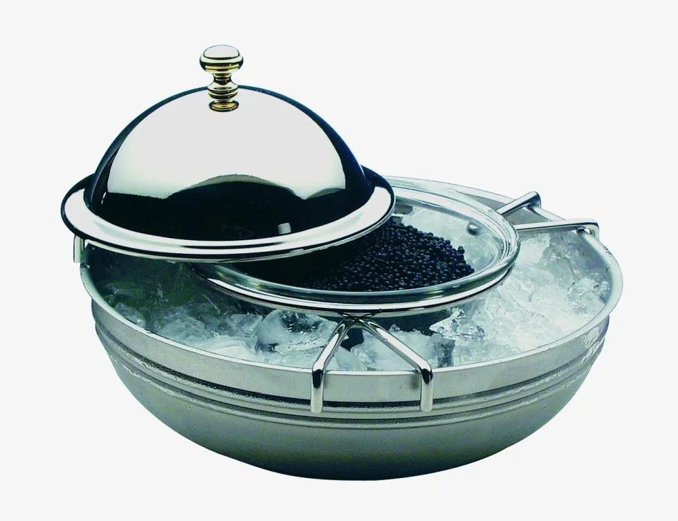 APS 4-częściowa lodówka na kawior, kawior, miska na kawior, pojemnik na kawior, lodówka na bufet, Ø 18 cm, wysokość 12 cm, polerowana stal nierdzewna 18/8, szklana miska Ø 10 cm