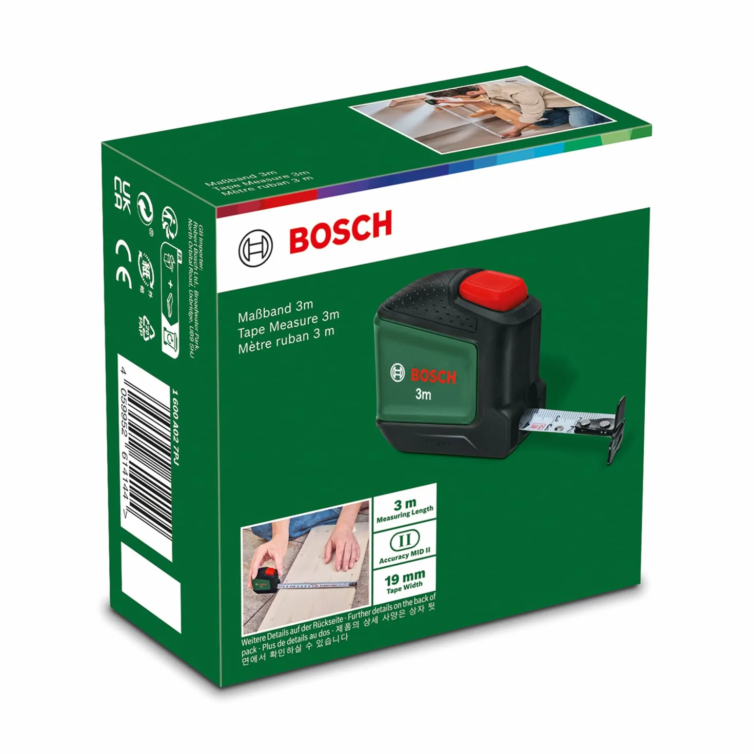 Bosch 1600A027Pj Taśma Miernicza, Zielony/Czarny, 3 m x 19 mm
