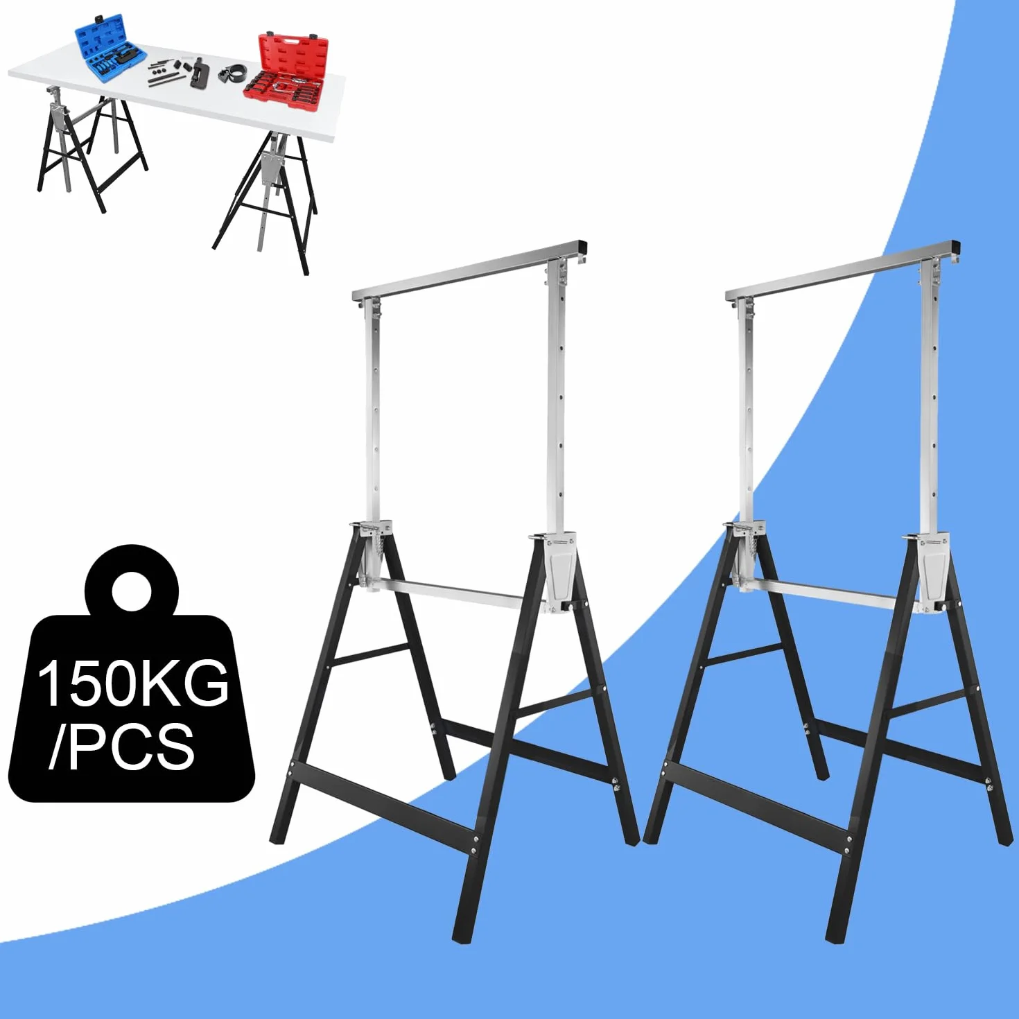 2-częściowy zestaw koziołków rusztowań, 200 kg, 7-stopniowa regulacja wysokości 81-130 cm, składany, metalowy kozioł do rusztowania, kozioł roboczy, składany, czarny