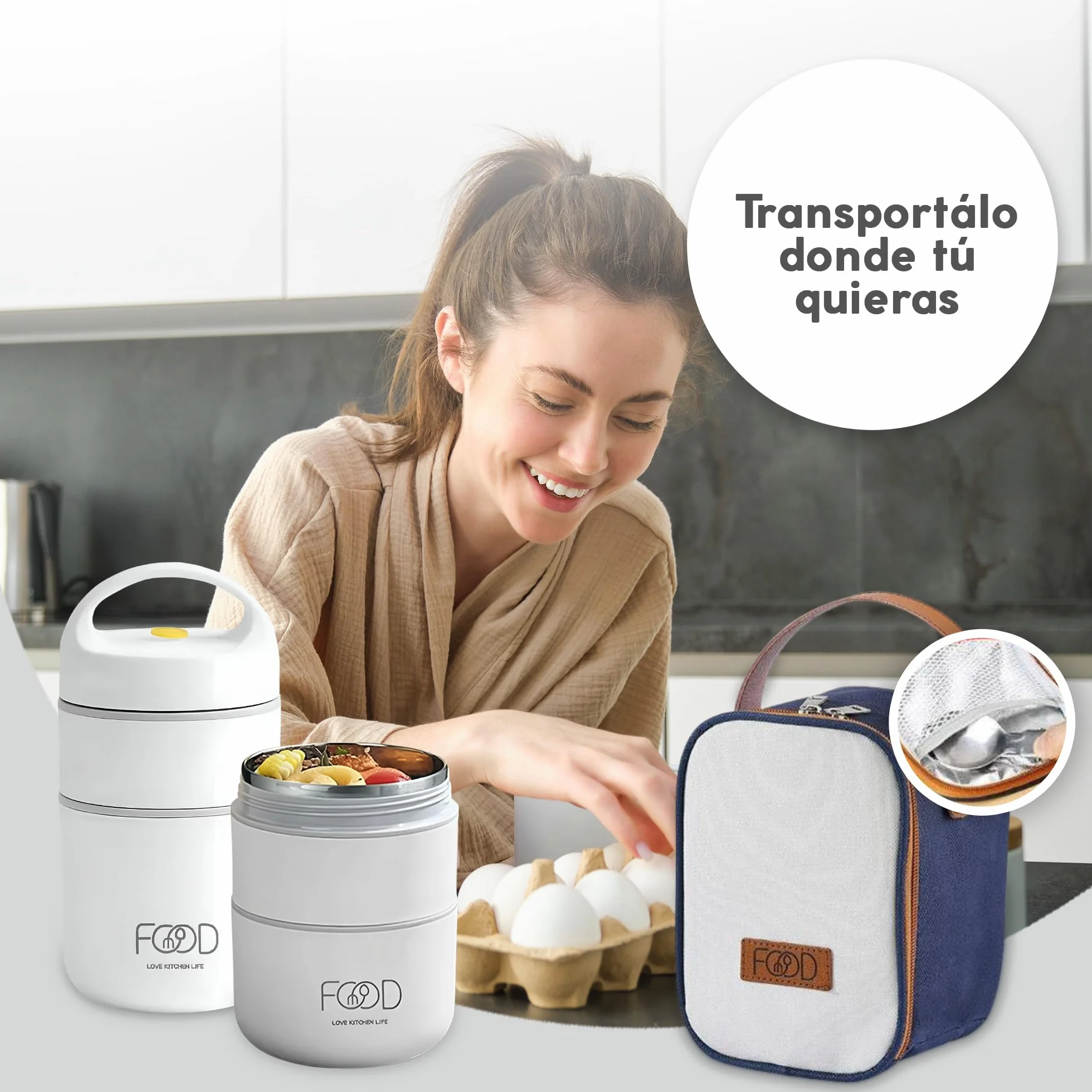 Półtermiczny pojemnik na lunch 660 ml biały BPA free z izolowaną torbą