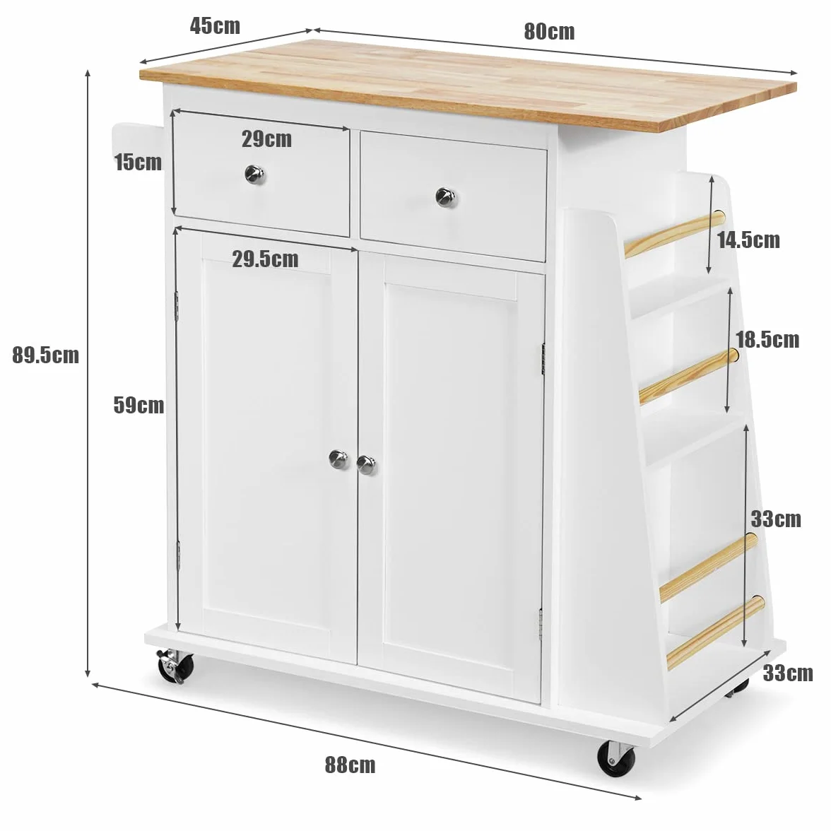 KOMFOTTEU Wózek kuchenny z blatem roboczym 80 x 45 cm, wyspa kuchenna na kółkach, szafka kuchenna z szufladami, regał na przyprawy, wózek kuchenny z litego drewna, do kuchni, jadalni (biały), QF54581