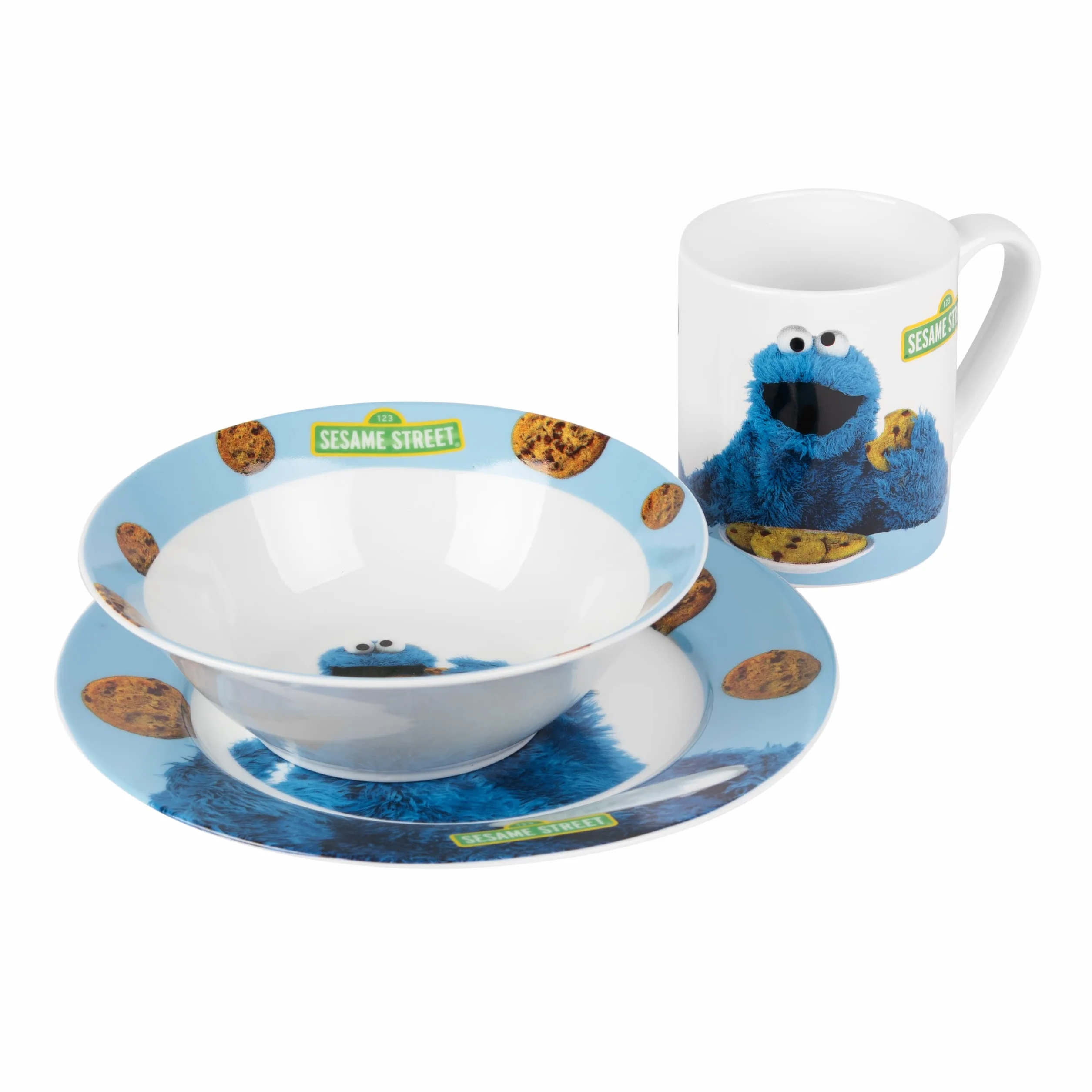 Ulica Sezamkowa Zestaw śniadaniowy Cookie Monster 3-częściowy porcelanowy niebieski talerz miska kubek