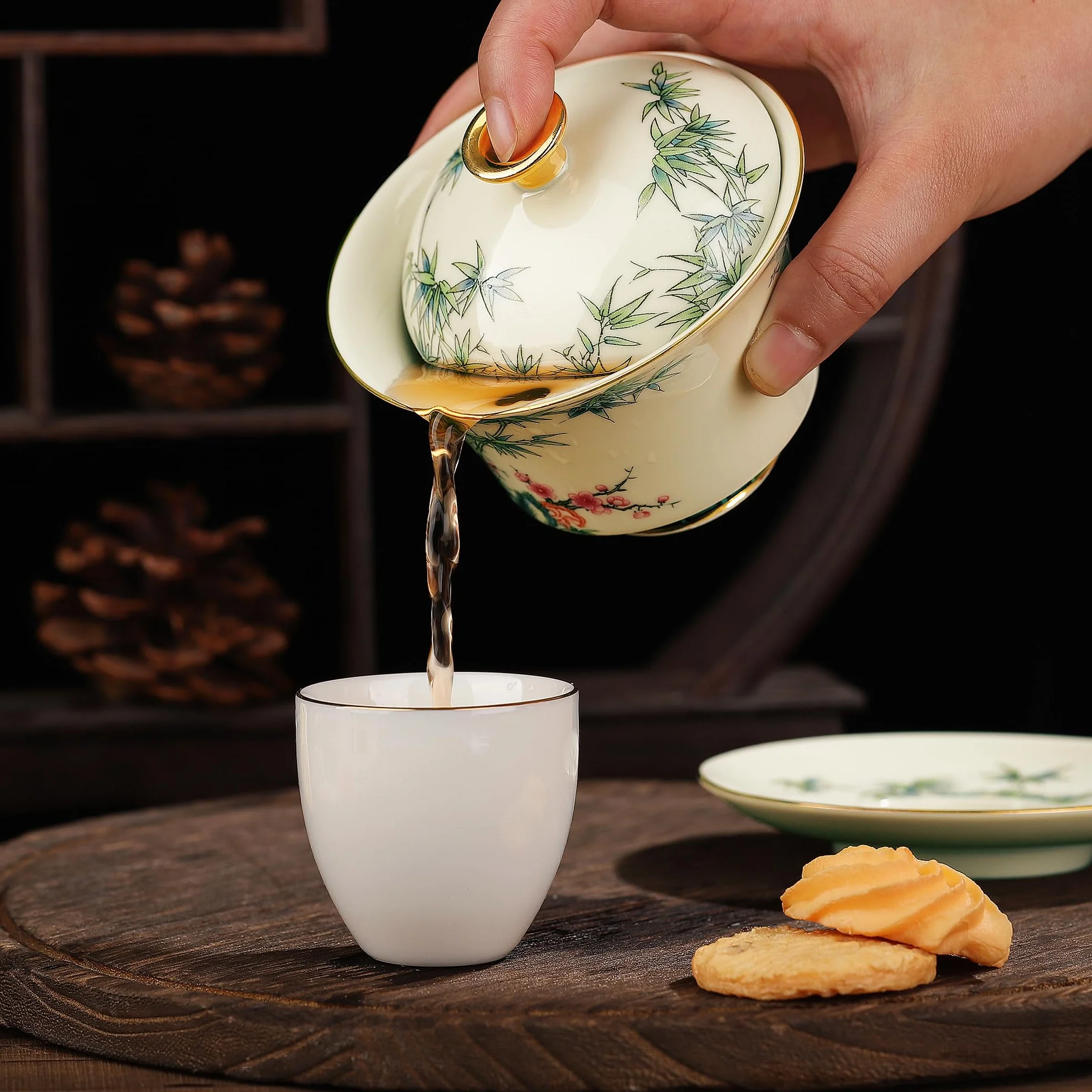 fanquare Chiński Gaiwan czerwone kwiaty śliwy zielony bambus porcelana Sancai miska do herbaty z pokrywką vintage filiżanka spodek zestaw 200 ml