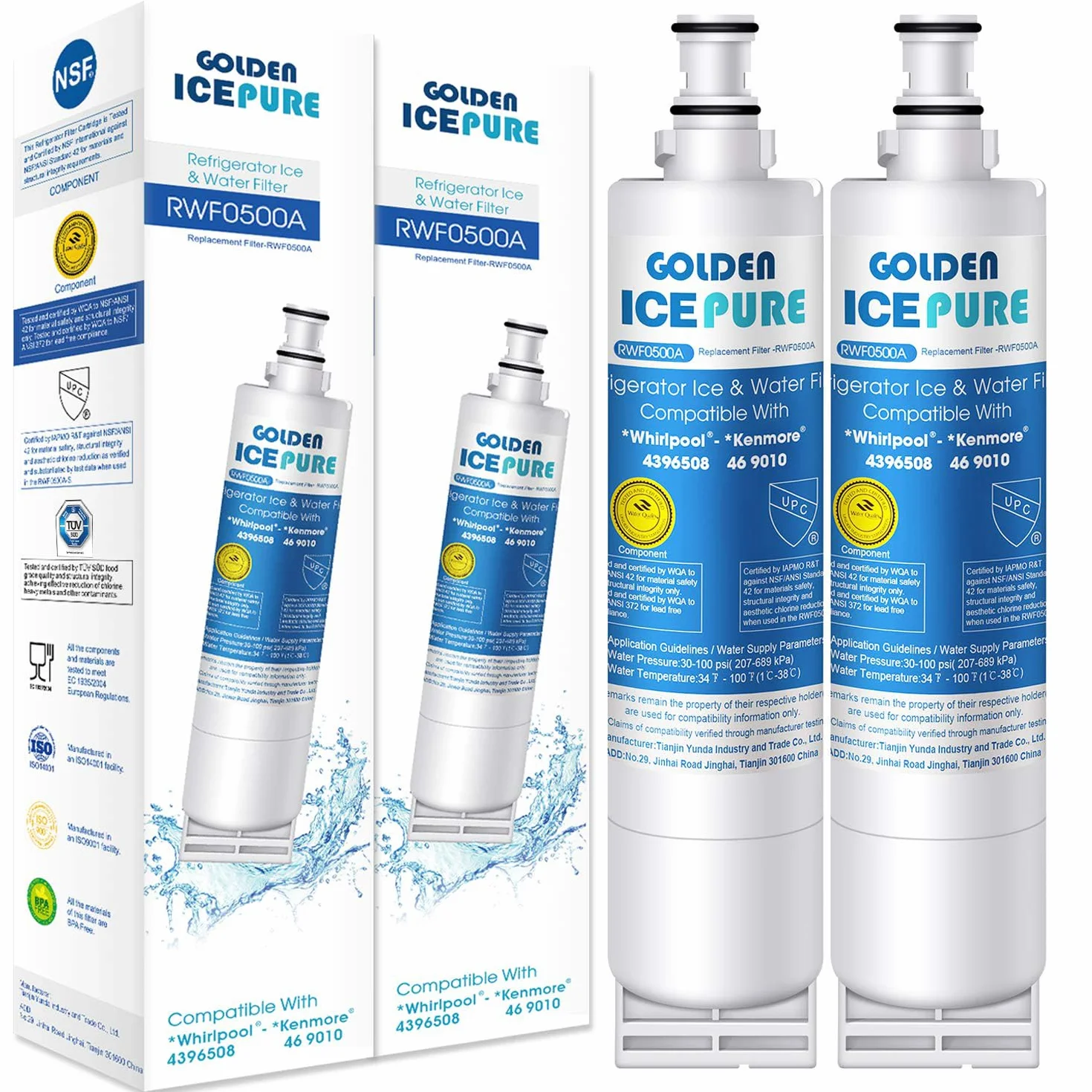 GOLDEN ICEPURE Filtr wody do lodówki Kompatybilny z Whirlpool 4396508, Maytag, KitchenAid, SBS002, S20BRS, 481281729632, 461950271171, 481281728986, 2 sztuki