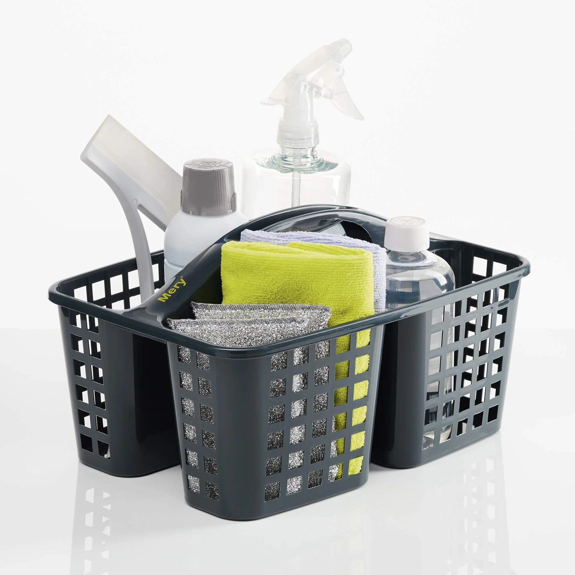 Mery - Kosz na środki czyszczące – organizer do czyszczenia pod zlewem – przechowywanie zlewozmywaków – 3 przegródki – wytrzymały materiał – ciemnoszary – 23,3 x 31 x 19 cm