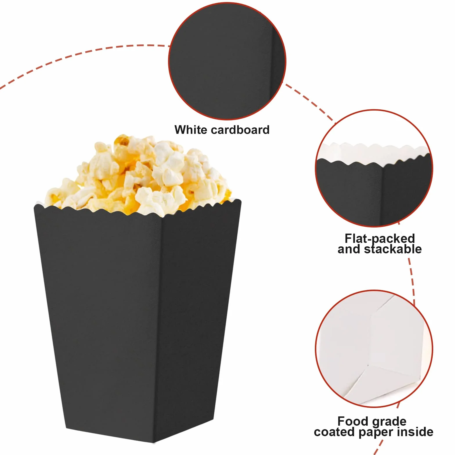 Pudełko z popcornem, cukierkami, pudełkami na przekąski i do kina, retro, urodzinowego wesela (czarne)