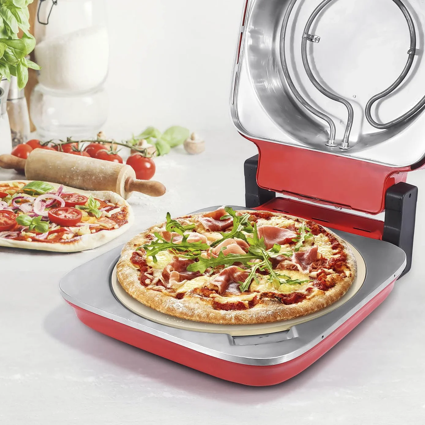 GOURMETmaxx Elektryczny piec do pizzy z kamieniem do pizzy | urządzenie do pizzy o mocy 1800 W i funkcji timera | średnica 30 cm idealnie nadaje się również do ciast z płomieniem, wrapów lub