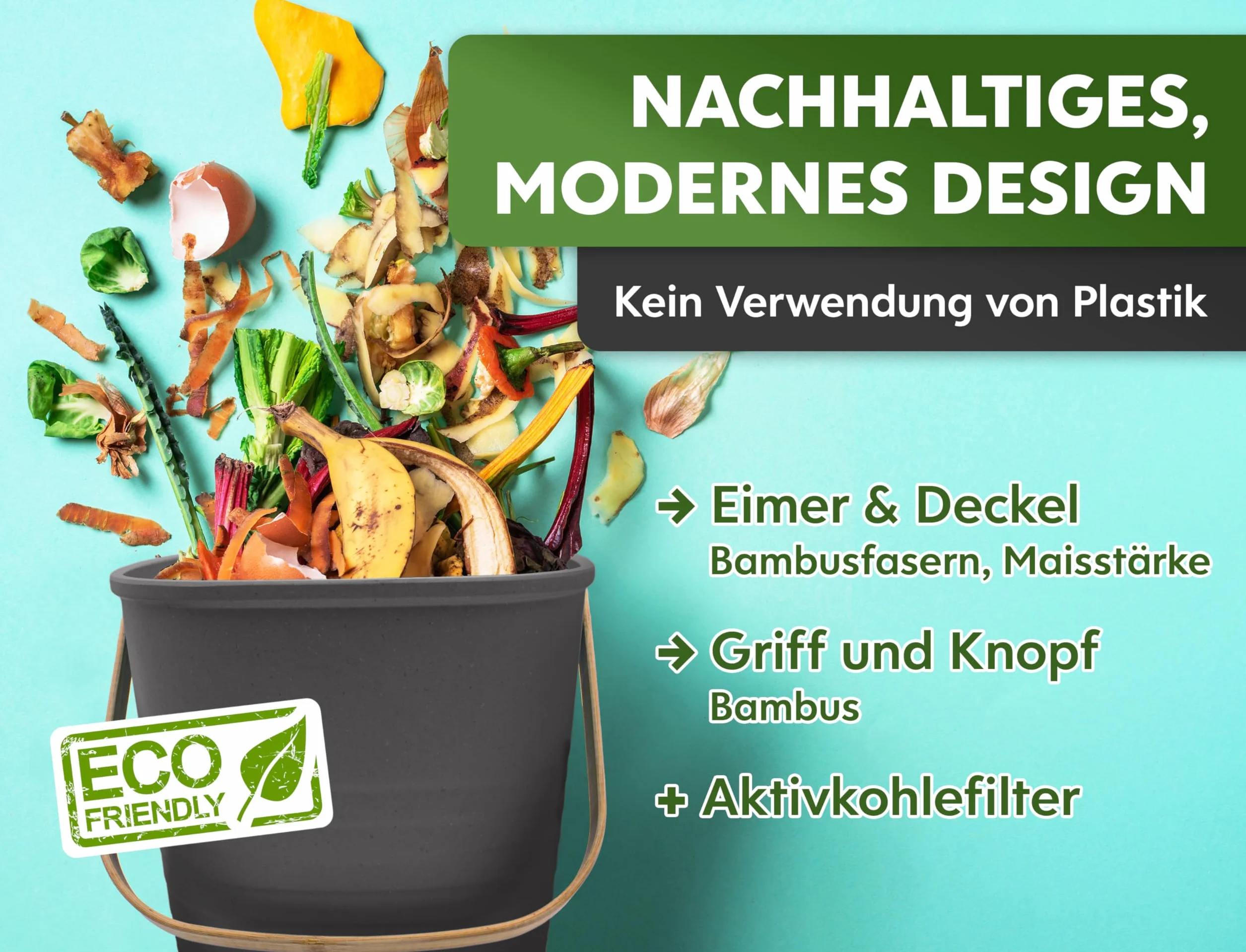YourCasa Kosz na śmieci ekologiczny, mały, 4 l, bezzapachowy, na odpady organiczne, kosz na kompost z filtrem z węglem aktywnym, zrównoważony ekologiczny, z pokrywką, pojemnik na odpady organiczne (4