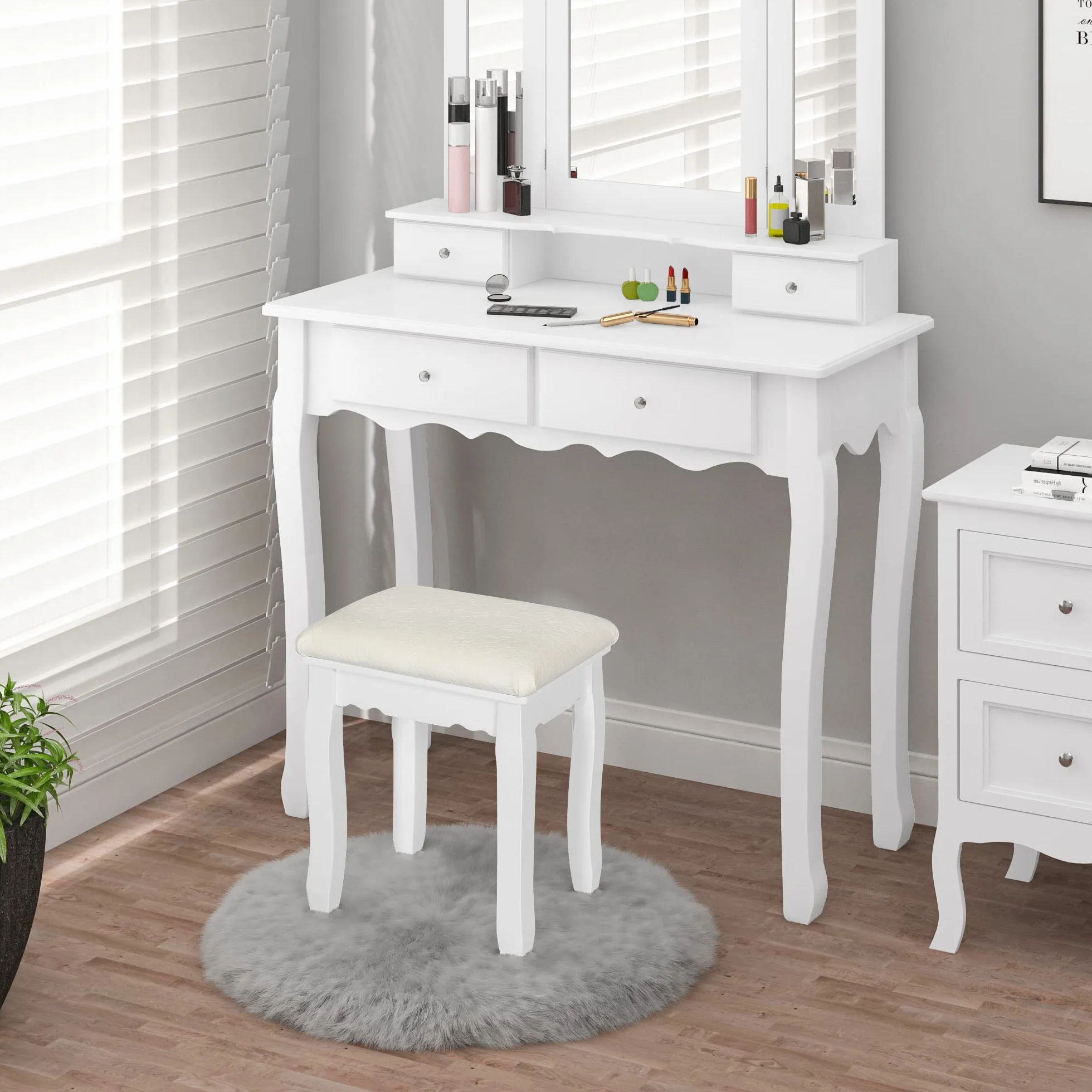 WOLTU MB6095ws taboret do makijażu w stylu wiejskim, do toaletki, aksamitny, do fortepianu, taboret kosmetyczny, taboret tapicerowany do sypialni, 38 x 45 x 28,5 cm, nogi z litego drewna, biały