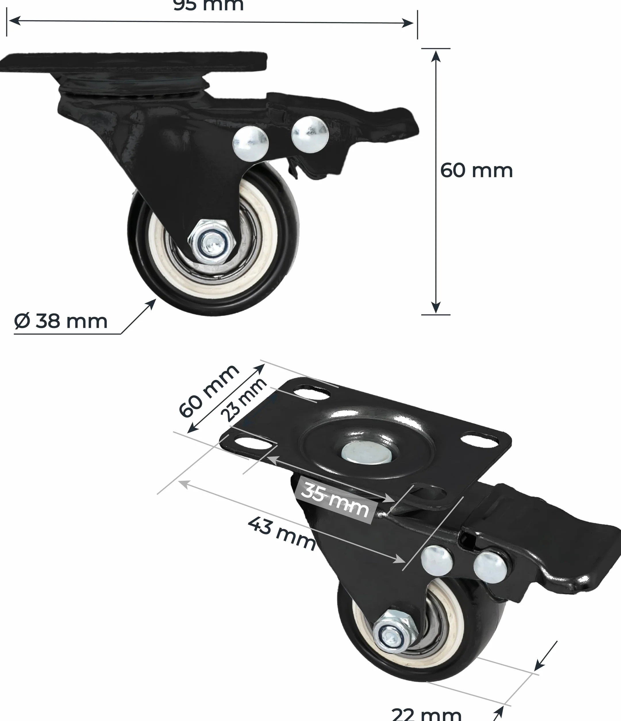 HMF 6710 kółka do dużych obciążeń z hamulcem z poliuretanu, 4 sztuki, 38 mm, do 300 kg, czarne