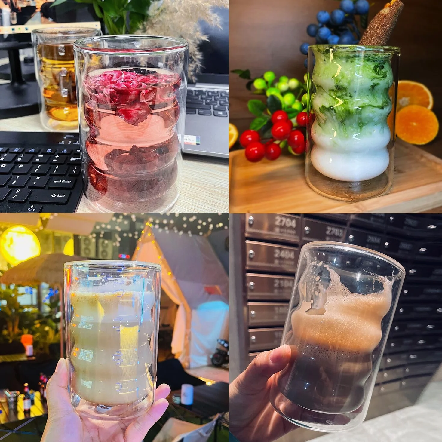Szklanki do latte macchiato z podwójnymi ściankami, 400 ml, do kawy, cappuccino, espresso i herbaty, spiralne szklanki termiczne, ze szkła borokrzemowego, 6 szklanek i 6 łyżeczek