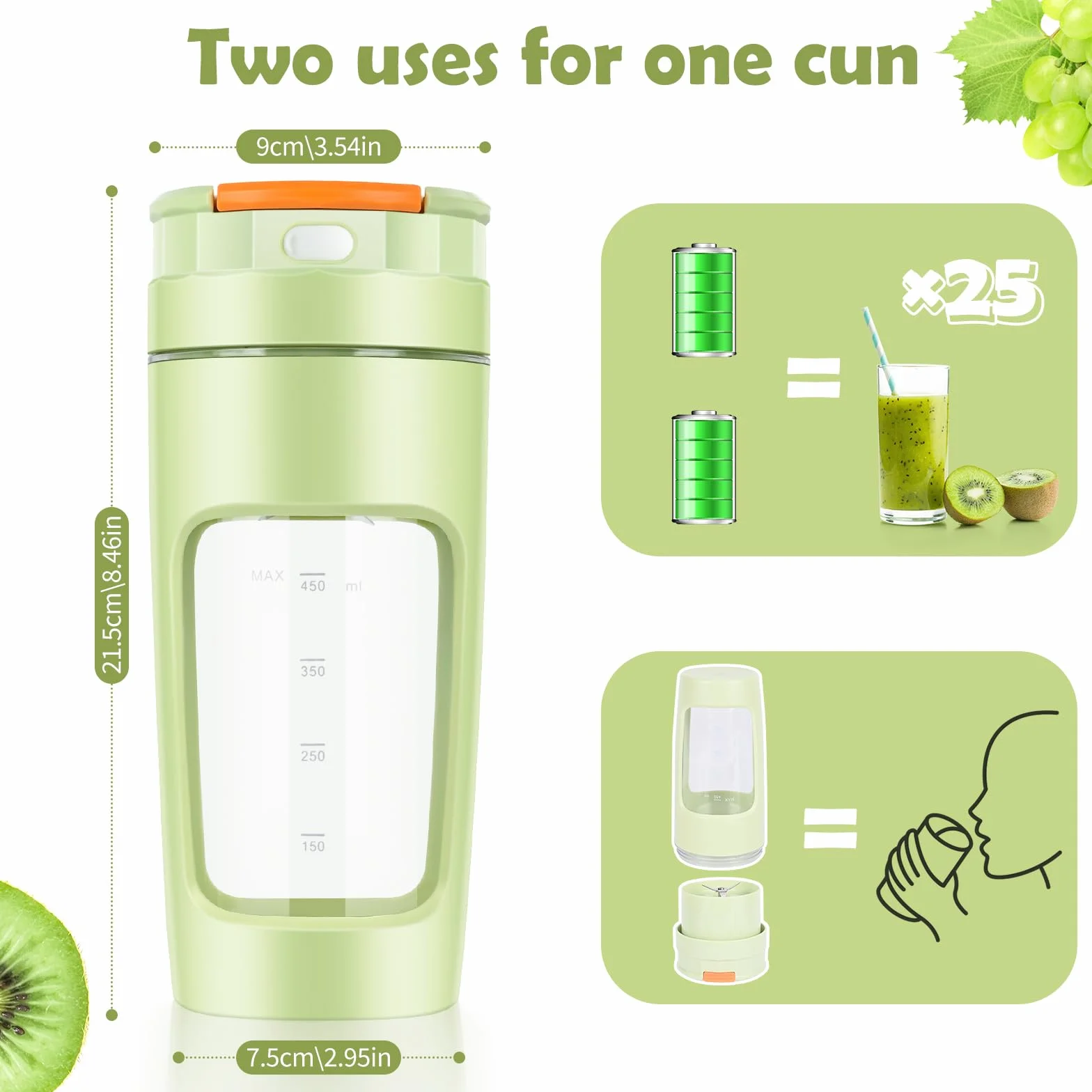 Lekki Przenośny Blender, ręczny mikser do owoców o pojemności 600 ml, mocny bezprzewodowy mini blender, z możliwością ładowania, smoothie, koktajle białkowe, kruszy lód i mrożone owoce (Zielony)