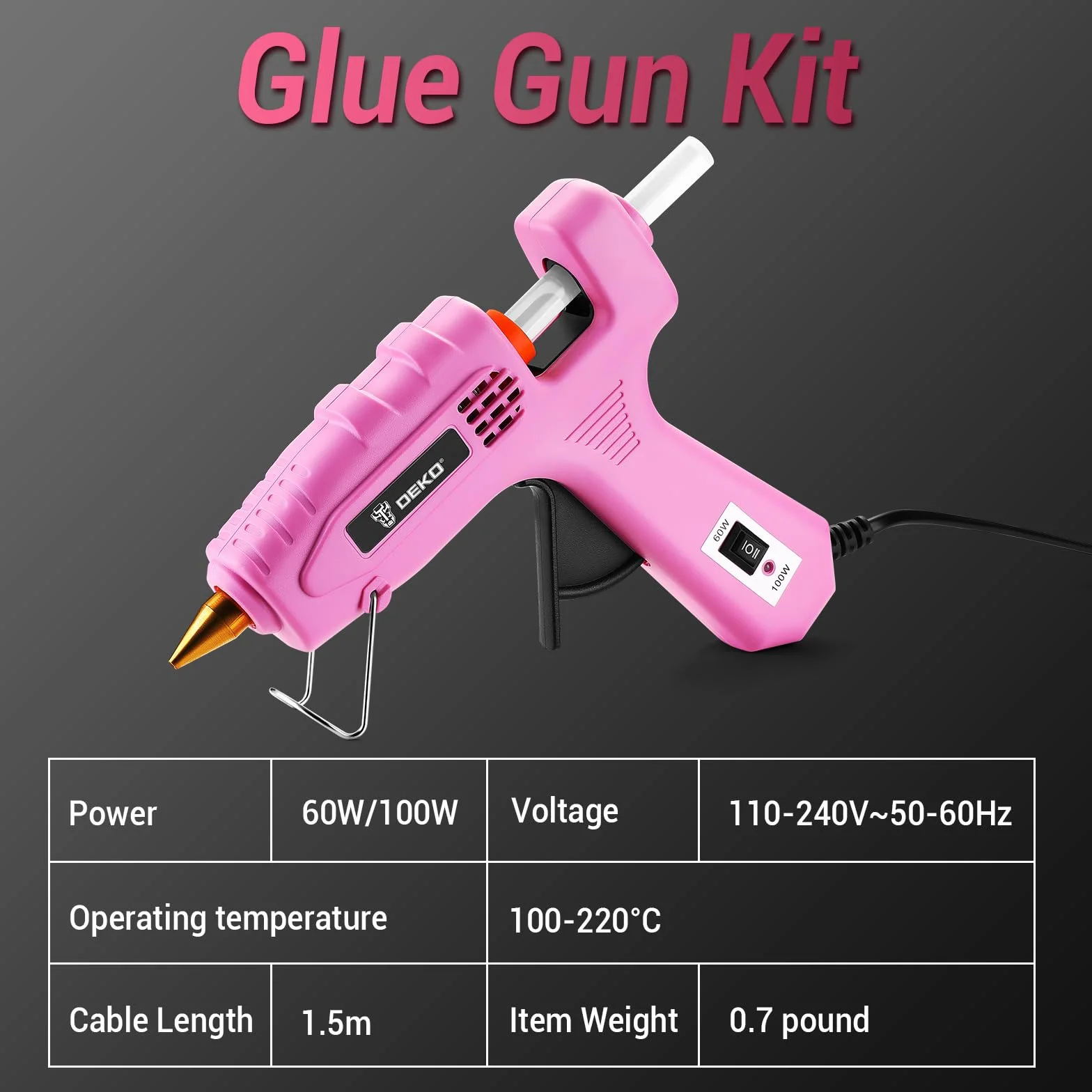 Pistolet do klejenia na gorąco 60/100 W: DEKO pistolet do klejenia z 25 pałeczkami do klejenia na gorąco 11 mm x 100 mm, do majsterkowania, sztuki, rzemiosła i szybkich napraw w domu i biurze, różowy
