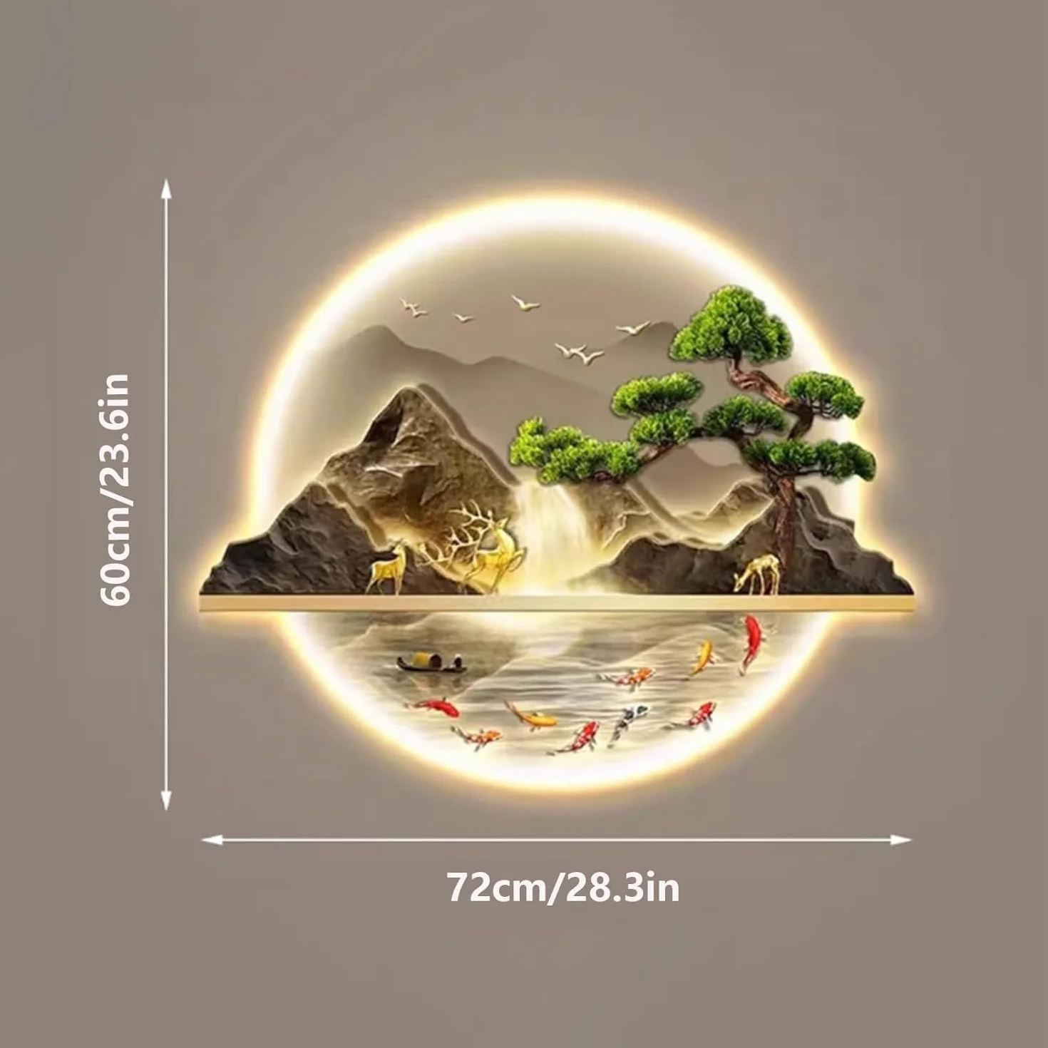 Sztuka ścienna 3D z oświetleniem LED, tradycyjna chińska wisząca rzeźba ścienna, 72 x 60 cm, do salonu