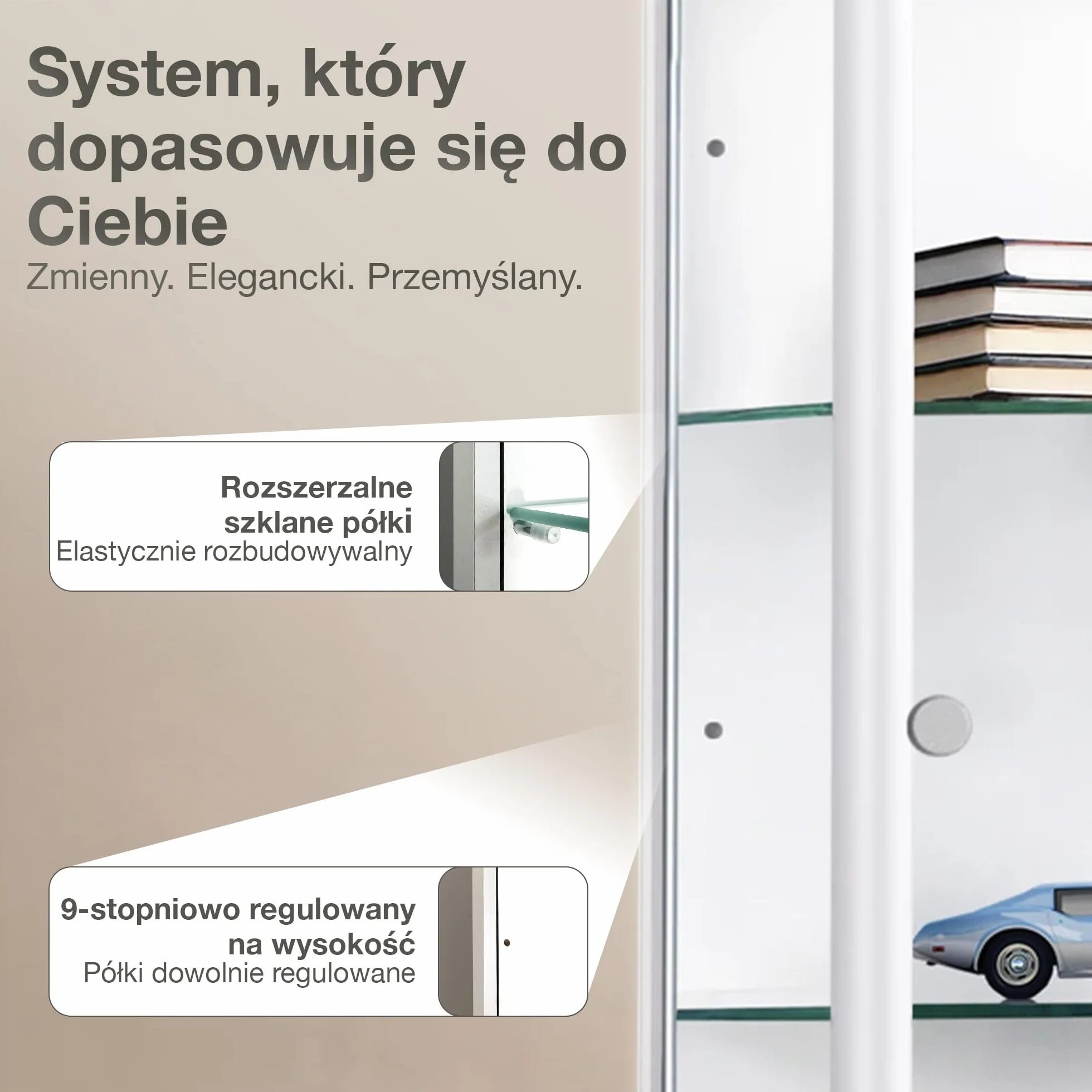 witryna szklana w kolorze białym (176x67x33 cm) z 4 regulowanymi półkami szklanymi i LED - gablota na modele samochodów biała - szafka gablota biała - witryna kolekcjonerska - szafka do salonu