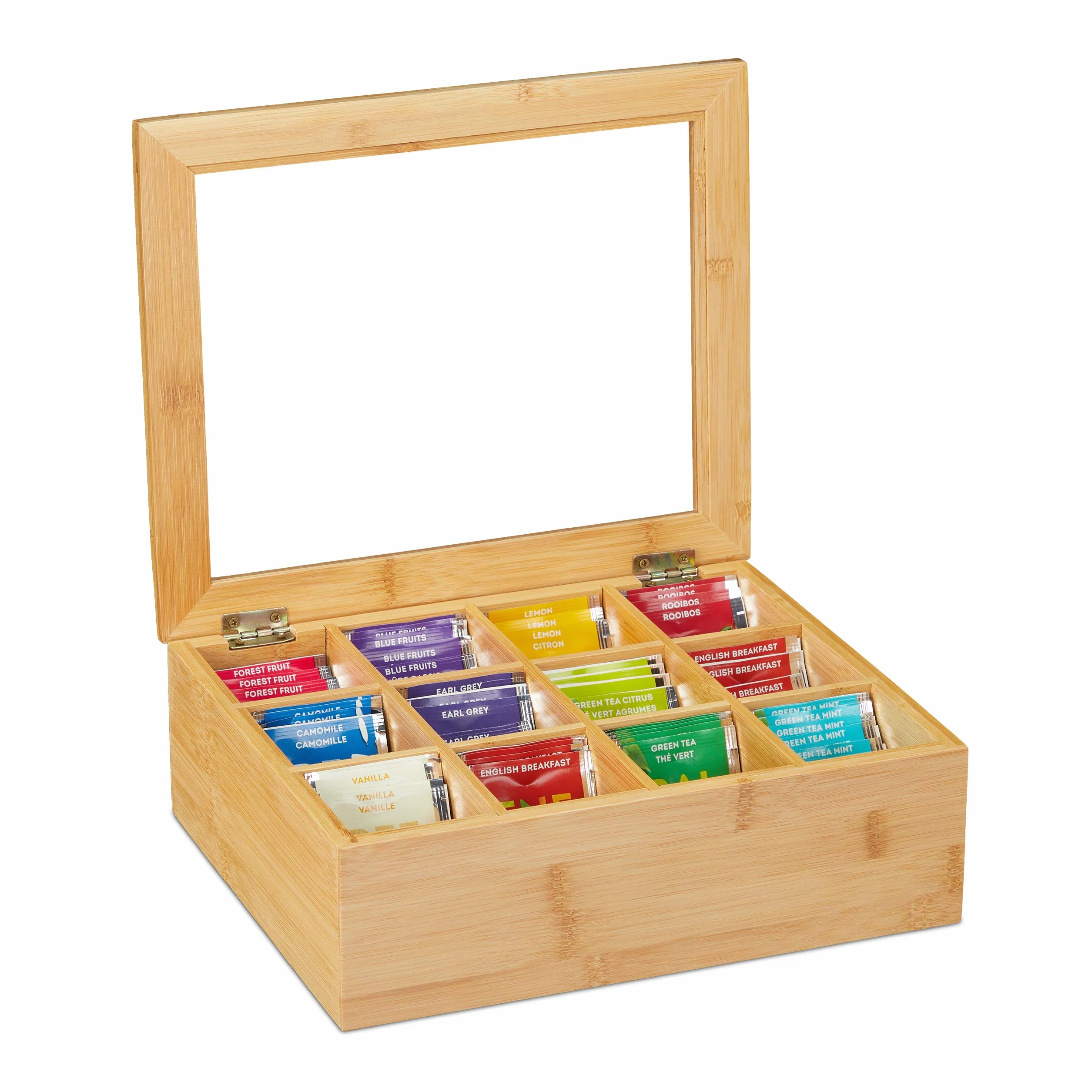 Relaxdays Pudełko na herbatę, bambus, 12 przegródek, skrzynka na herbatę z okienkiem, organizer na torebki herbaty, wys. x szer. x gł.: ok. 9 x 28 x 23 cm, kolor naturalny, 10032112
