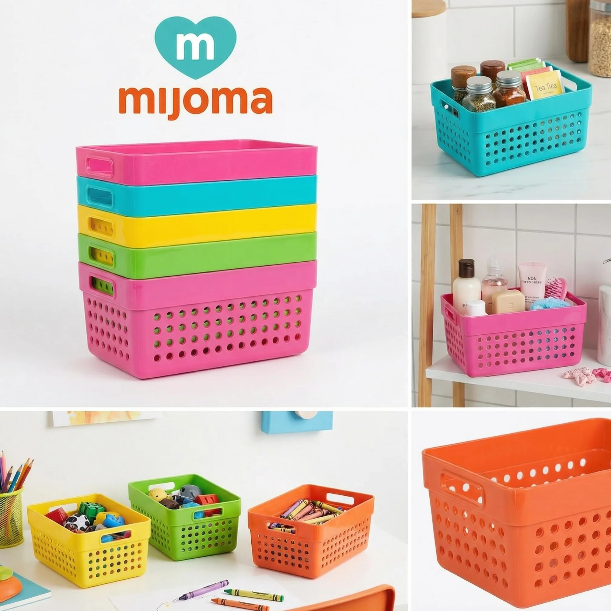 MIJOMA Kosz do przechowywania, zestaw 5 sztuk, z tworzywa sztucznego, z możliwością układania w stos, kolorowe kosze 15,5 x 11,5 x 7,5 cm – wielofunkcyjne pudełko do kuchni, łazienki, biura, pokoju