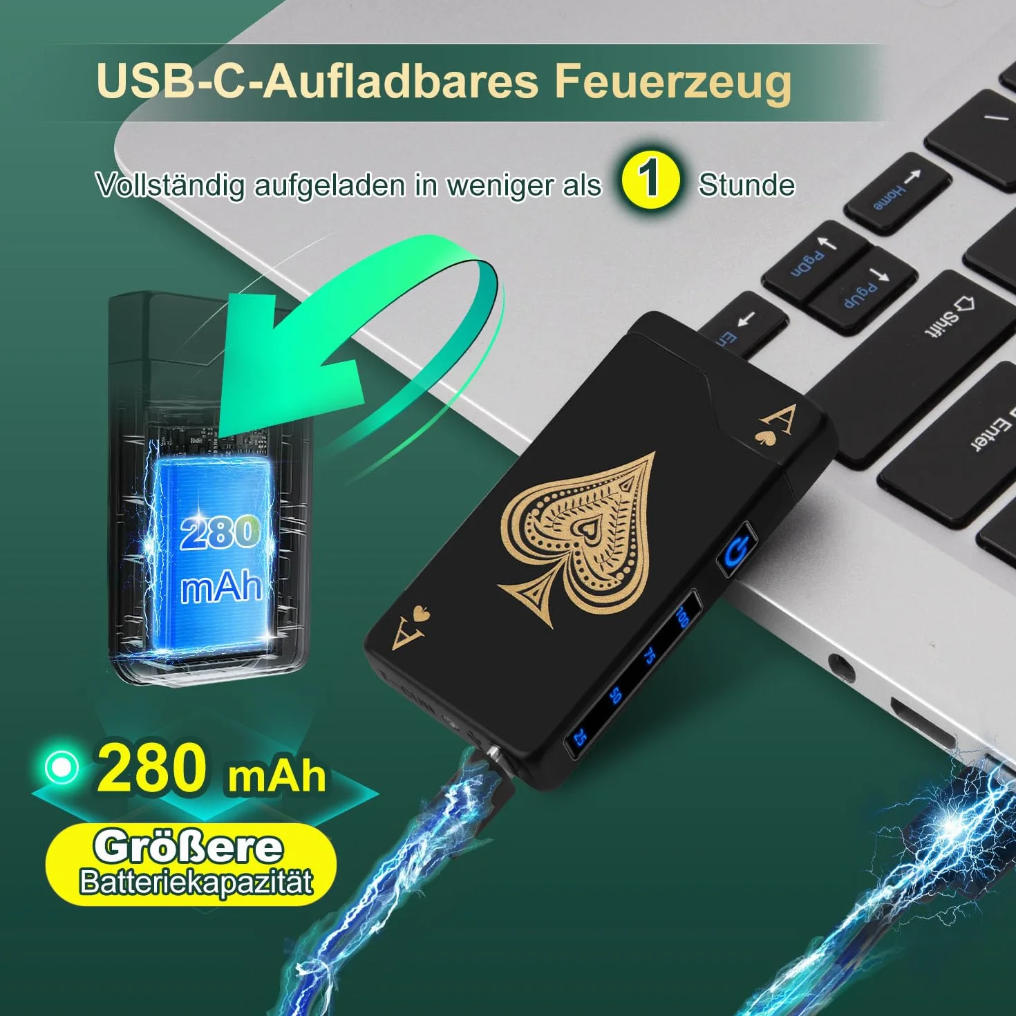LcFun Prezenty dla mężczyzn, na Boże Narodzenie, zapalniczka elektryczna, ze wskaźnikiem baterii, łuk świetlny, ładowana przez USB C, wiatroszczelna, zapalniczka plazmowa (czarna Ace)
