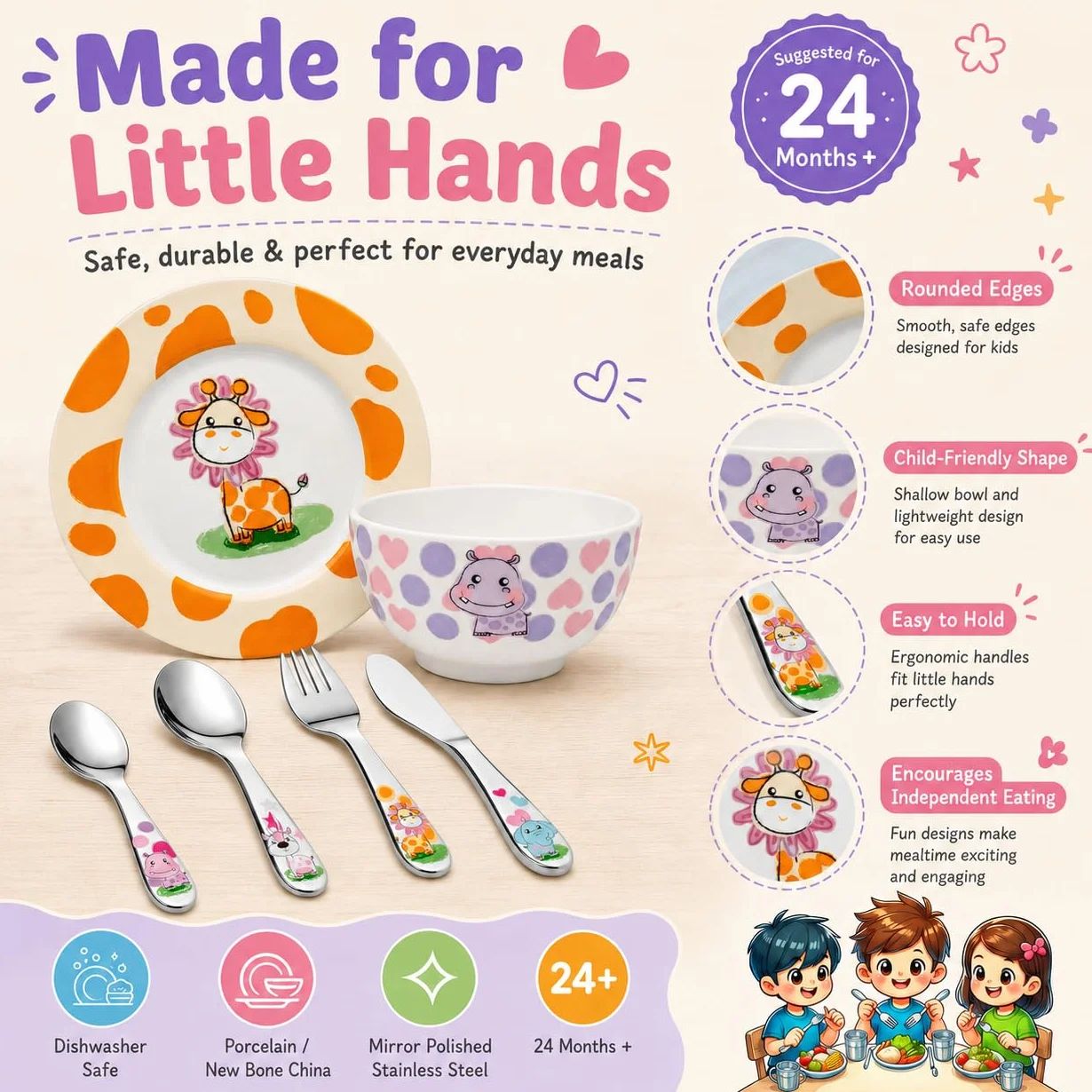 Exzact Zestaw obiadowy dla dzieci, sztućce, zestaw upominkowy, stal nierdzewna, porcelana, 1 miska, 1 x talerz, 1 x nóż obiadowy, 1 x widelec, 1 x łyżeczka, 1 x łyżka stołowa